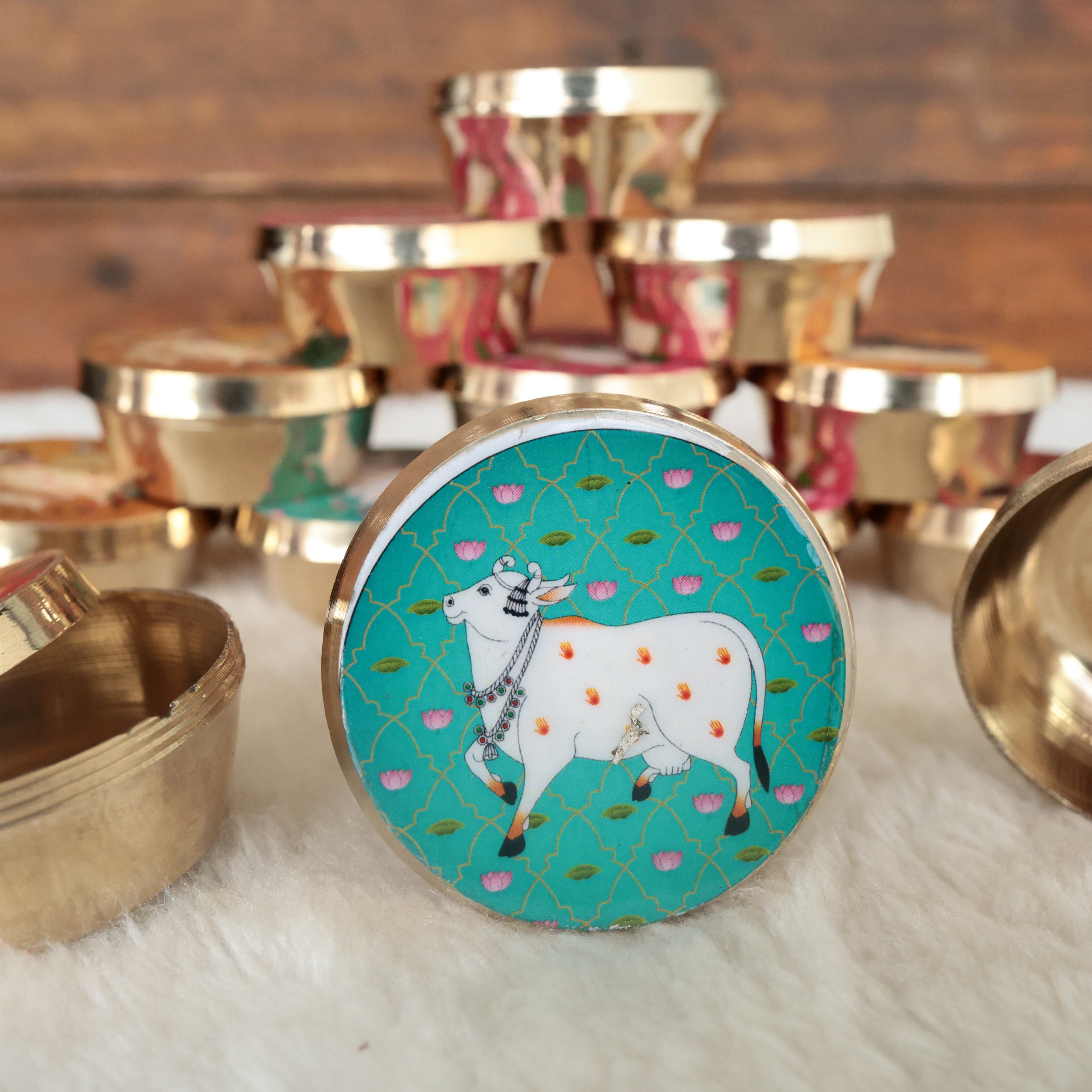 PREMIUM BRASS PICHWAI PRINTED KUM KUM BOX - SINDOOR DABBI