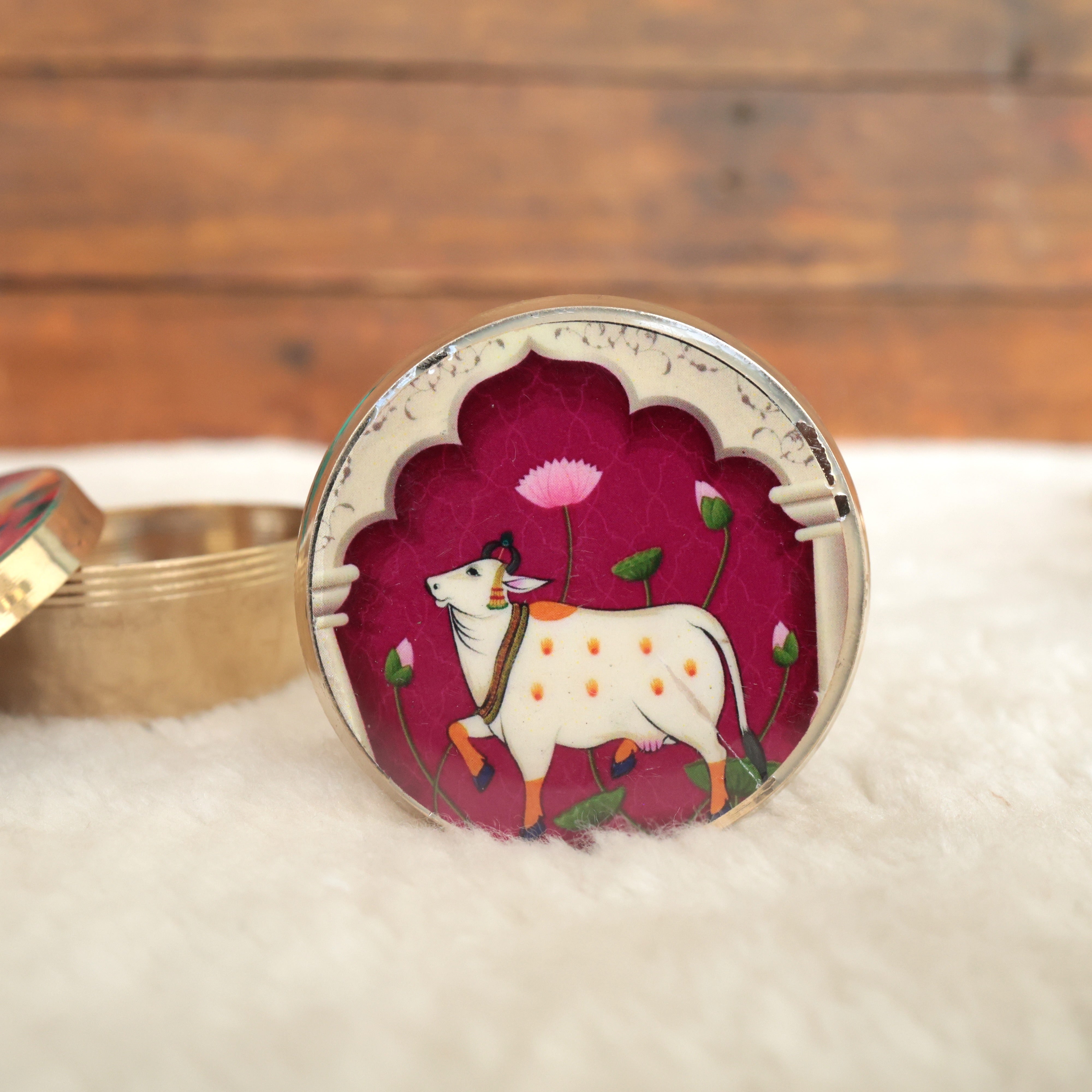 PREMIUM BRASS PICHWAI PRINTED KUM KUM BOX - SINDOOR DABBI