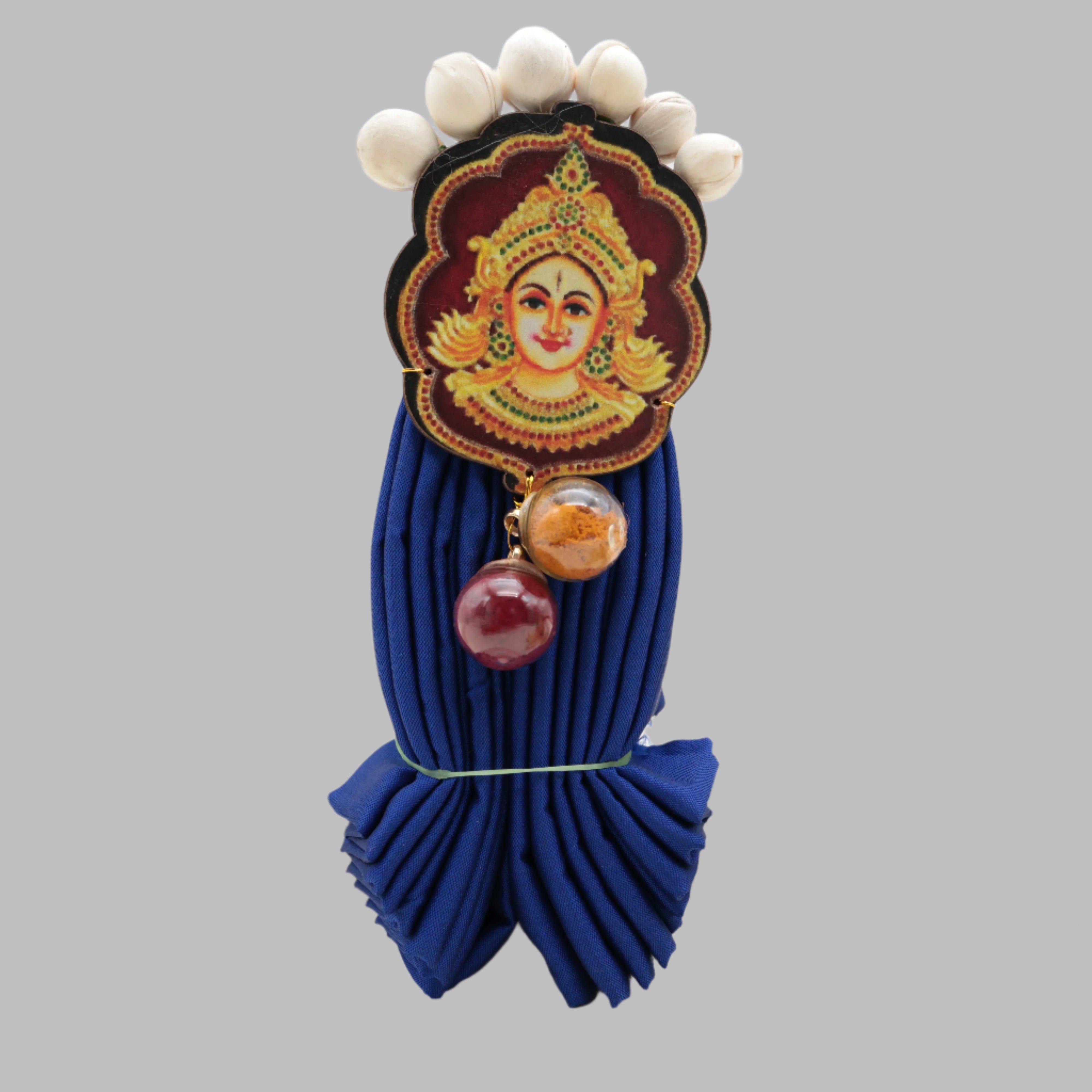 PREMIUM 1 METRE FAN FOLDED SILK COTTON BLOUSE PIECE WITH VARALAKSHMI DEVI WITH FLOWERS & MANJAL KUMKUM SET