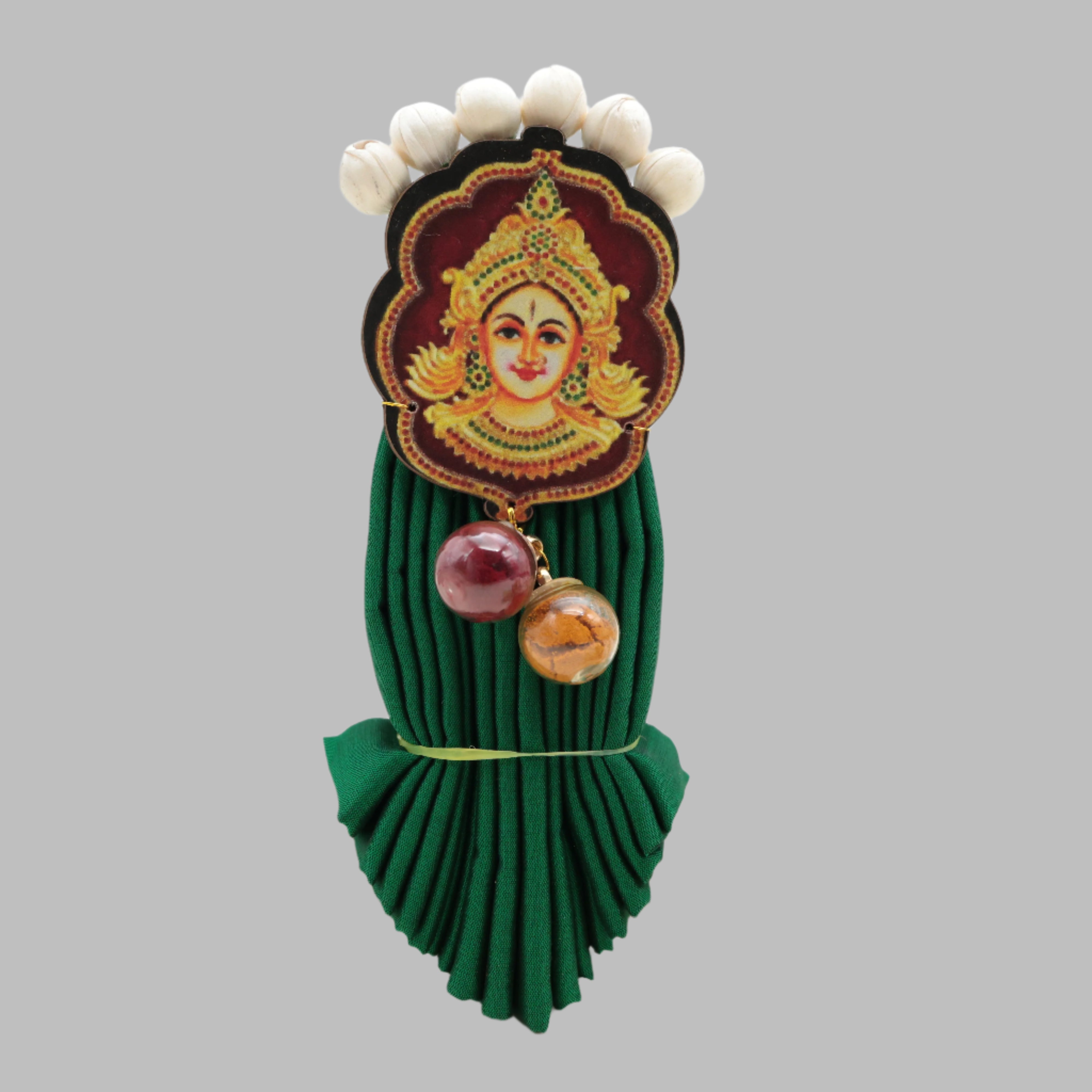 PREMIUM 1 METRE FAN FOLDED SILK COTTON BLOUSE PIECE WITH VARALAKSHMI DEVI WITH FLOWERS & MANJAL KUMKUM SET