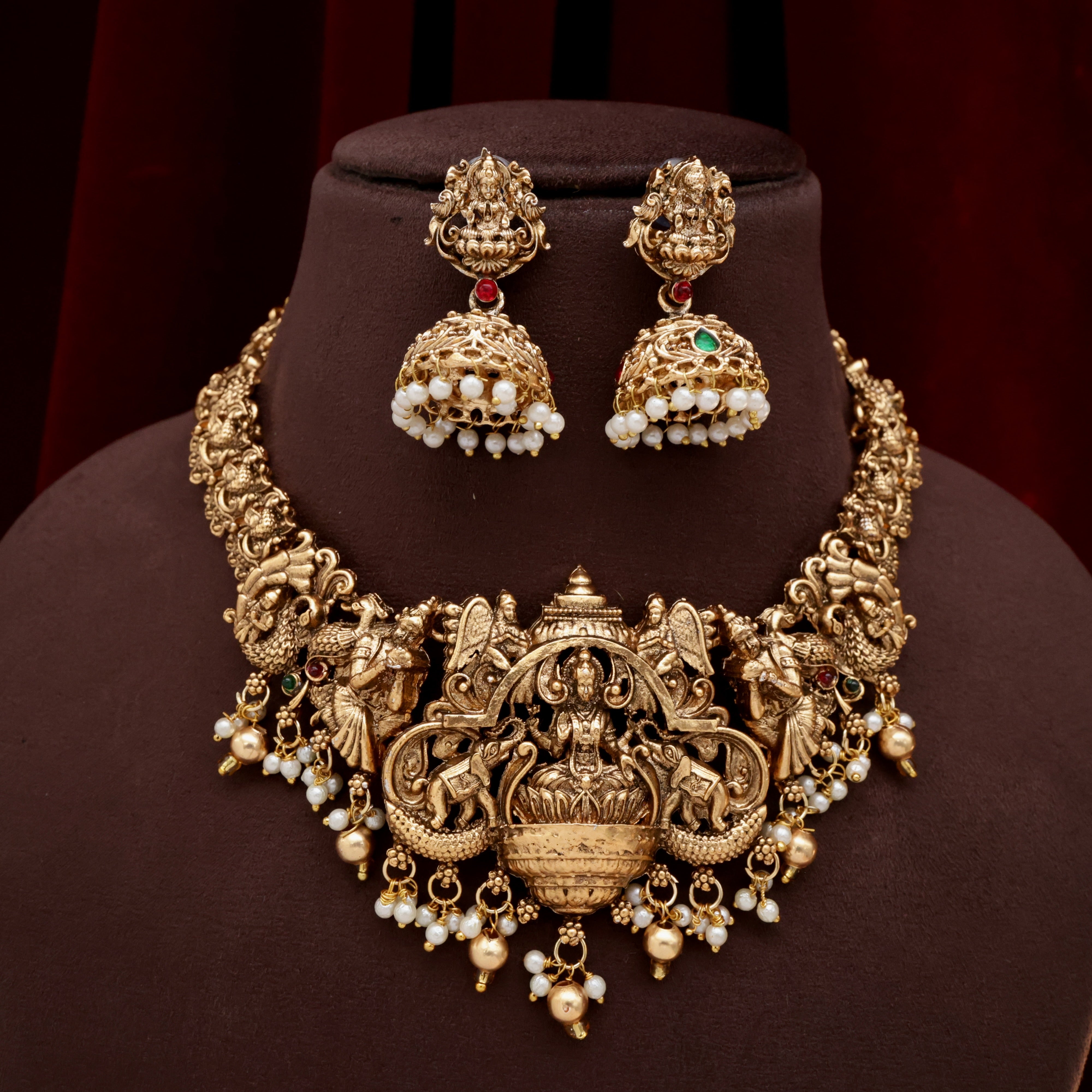 Budget Friendly Nagas Antique Lakshmi Bridal Necklace Set