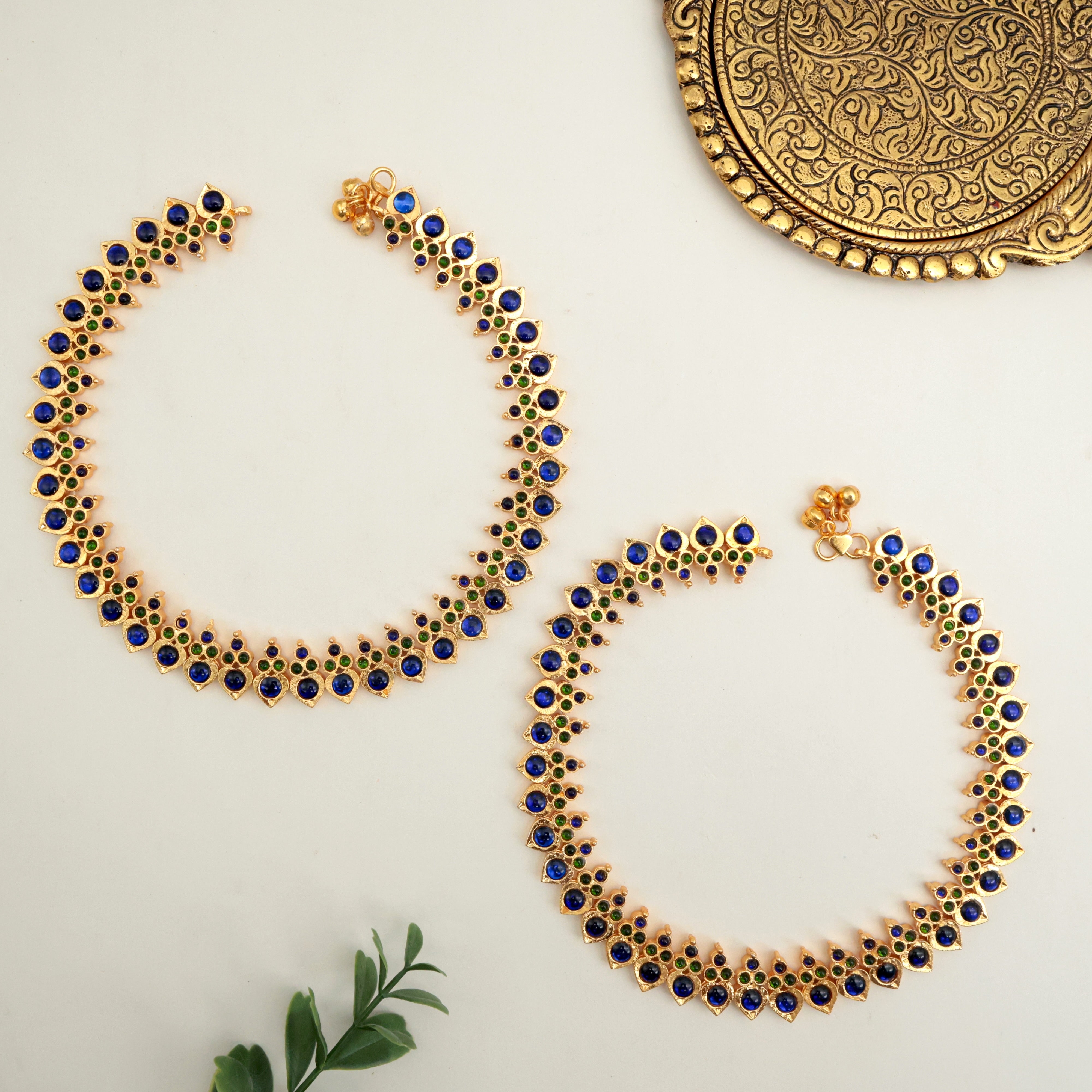 Antique Traditional Kemp Leaf Anklets - Blue - 10.5 Inches