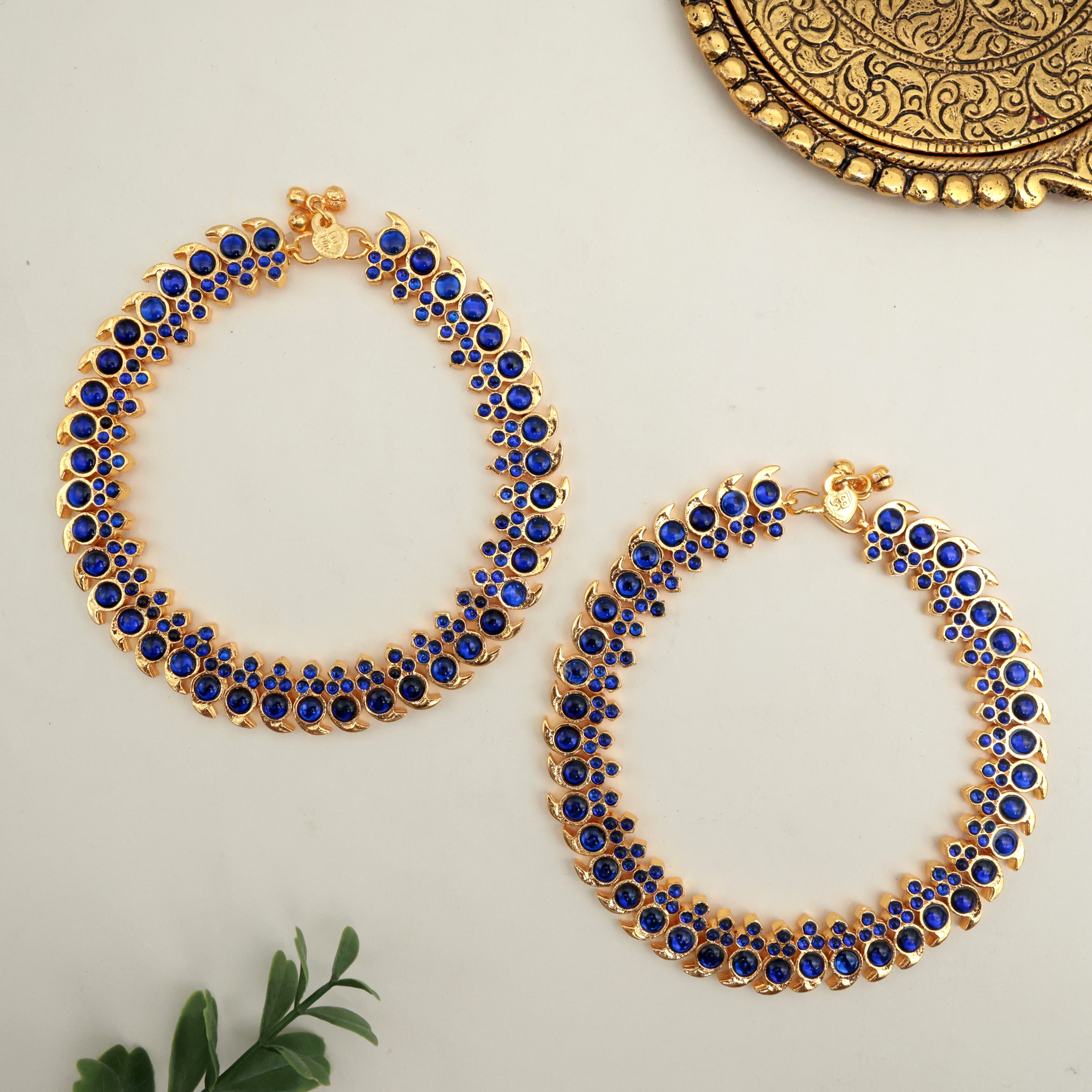 Antique Traditional Kemp Mango Anklets - Blue - 10.5 Inches