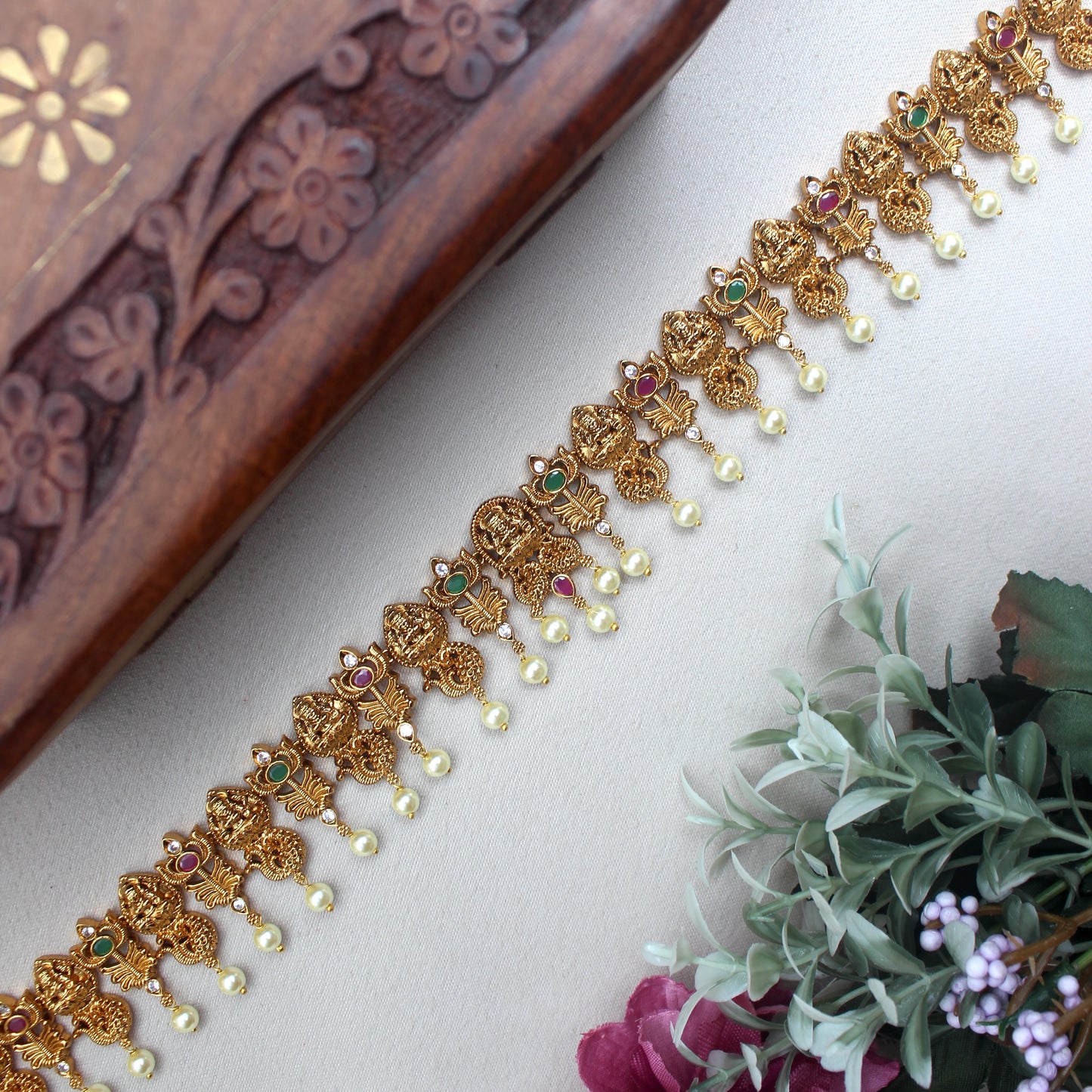 Antique Gold Lakshmi Soolam AD Sleek Bridal Hip Chain/Oddiyanam