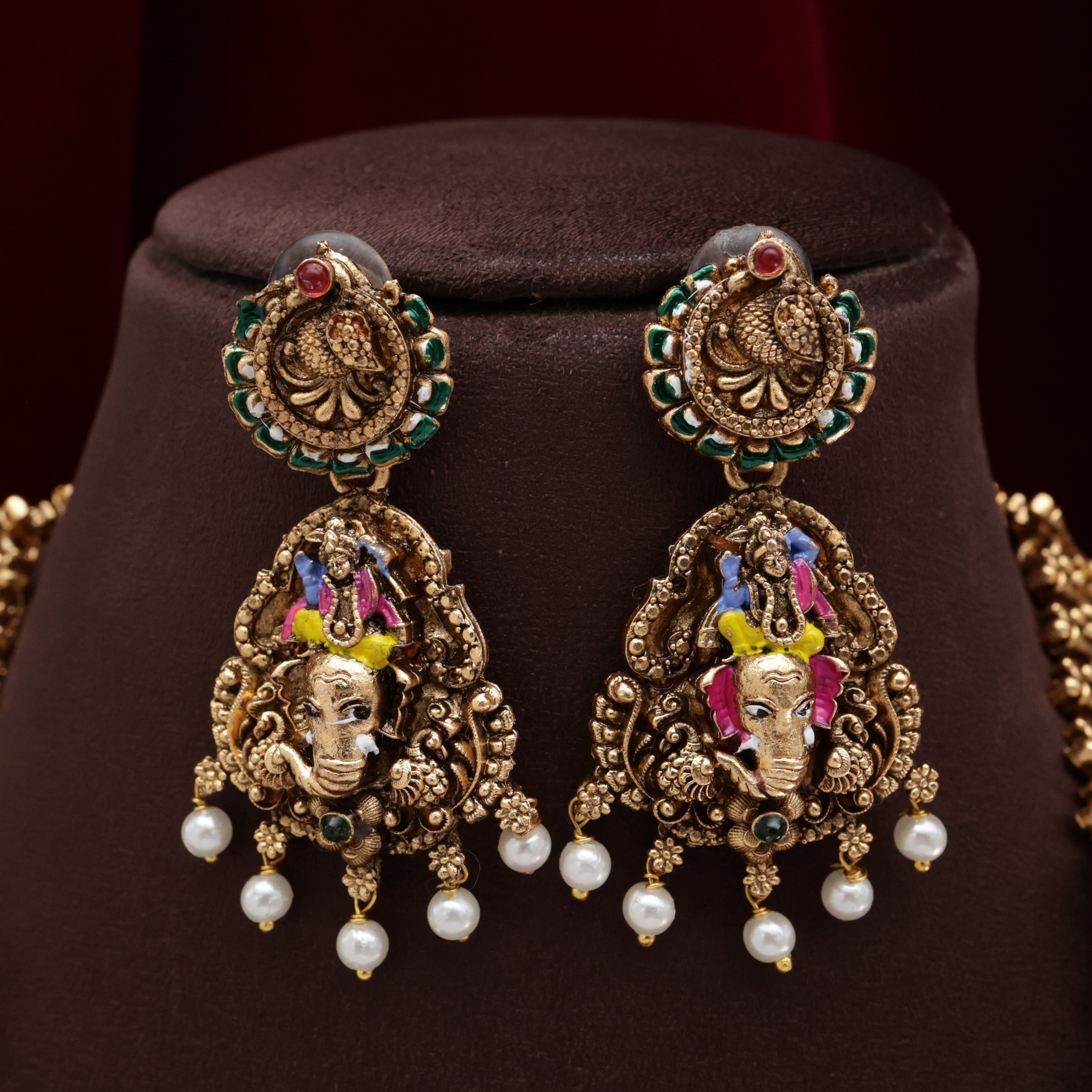 Budget Friendly Antique Nagas Meena Work Krishna on Elephant Bridal Haaram Set