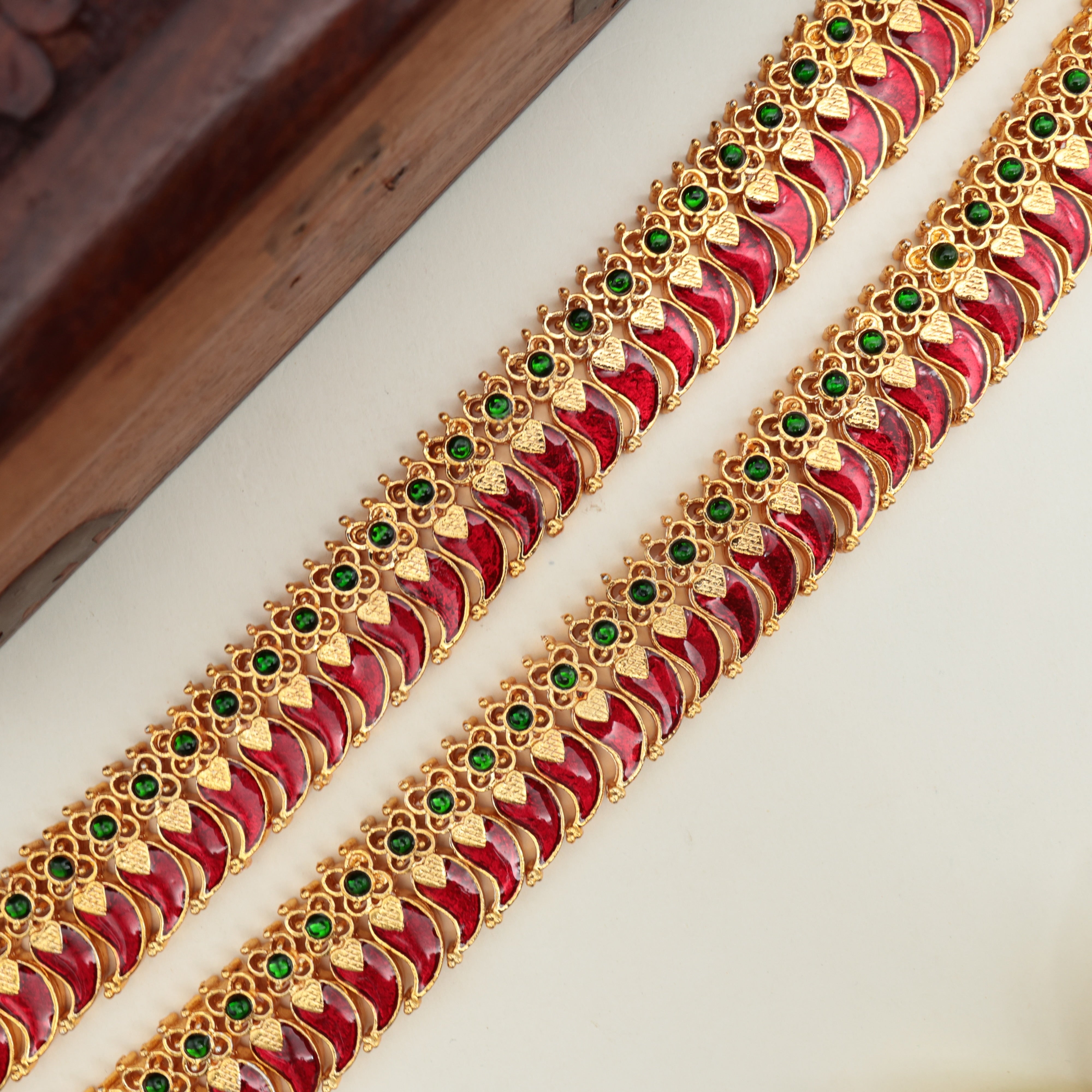 Traditional Kemp Palakka Mango Anklets - 10.5 Inches - Red