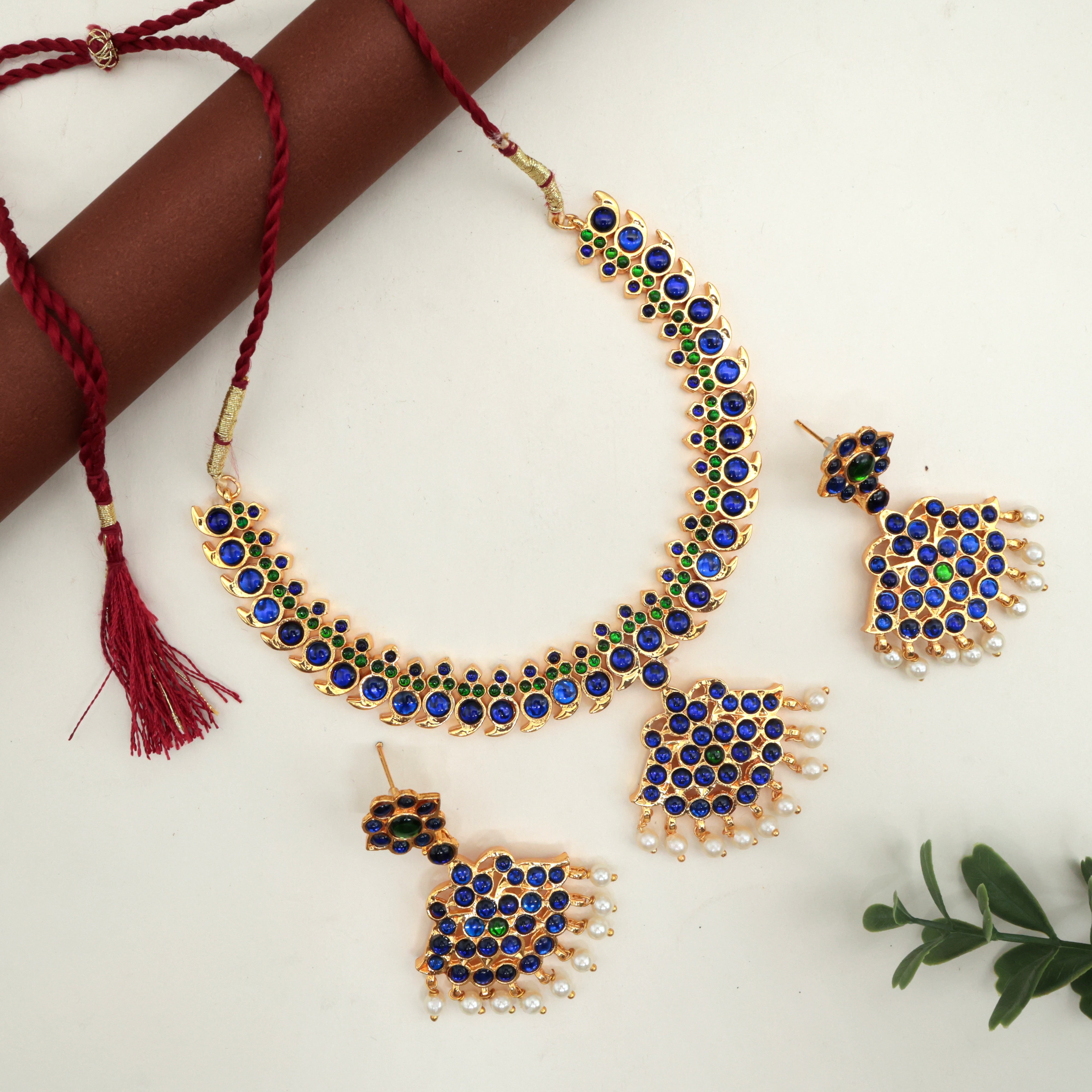 Traditional Kemp Mayuri Mango Necklace Set - Blue