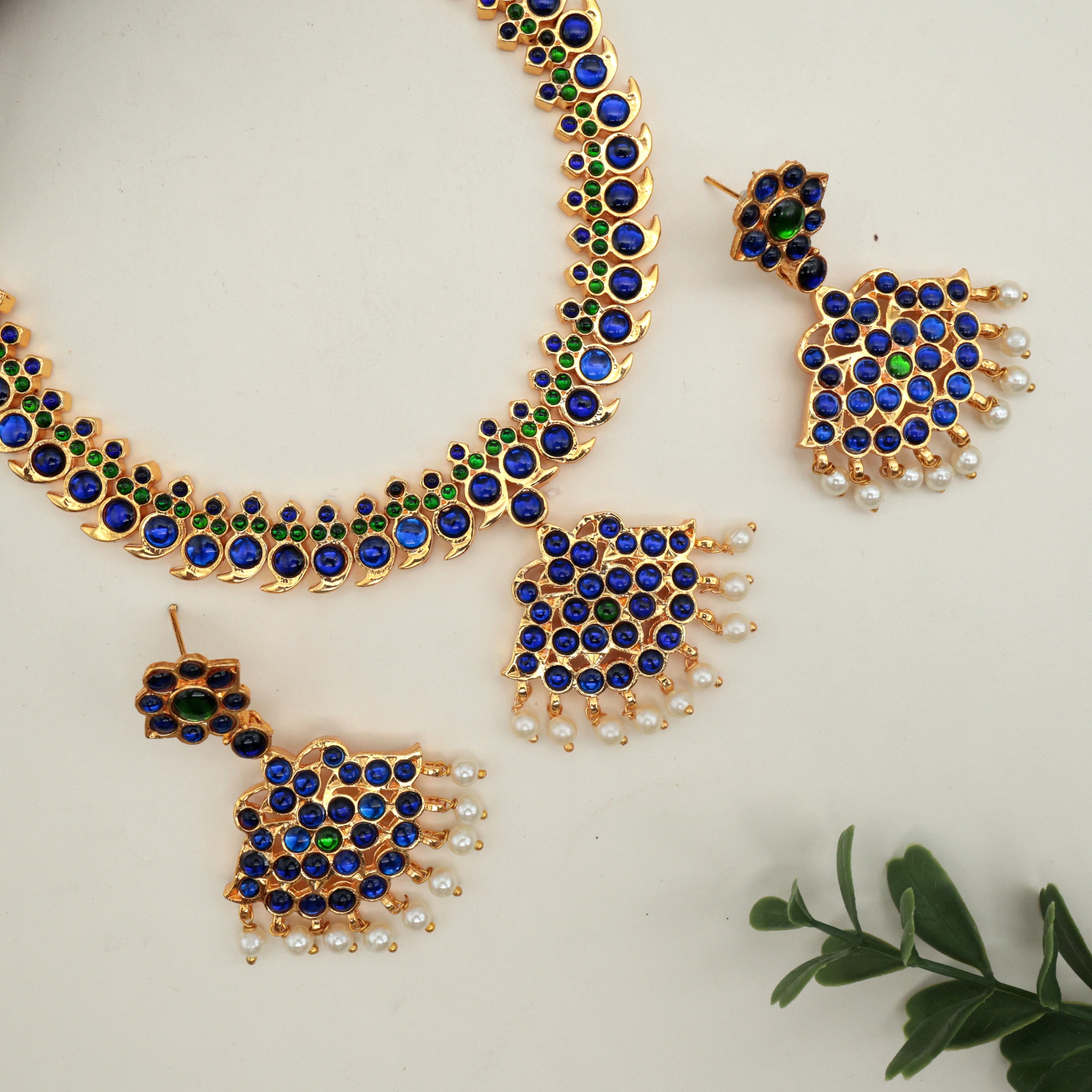 Traditional Kemp Mayuri Mango Necklace Set - Blue