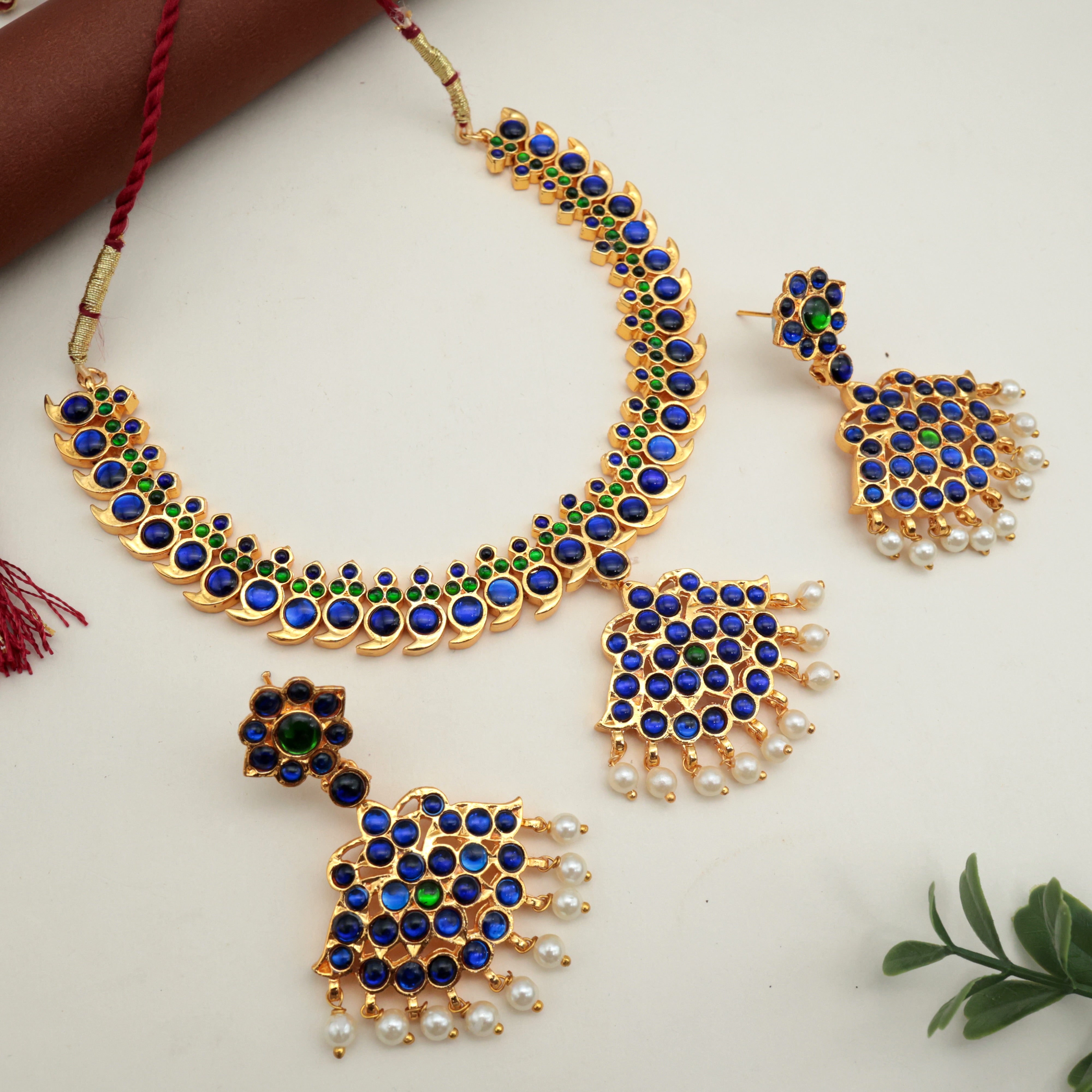 Traditional Kemp Mayuri Mango Necklace Set - Blue