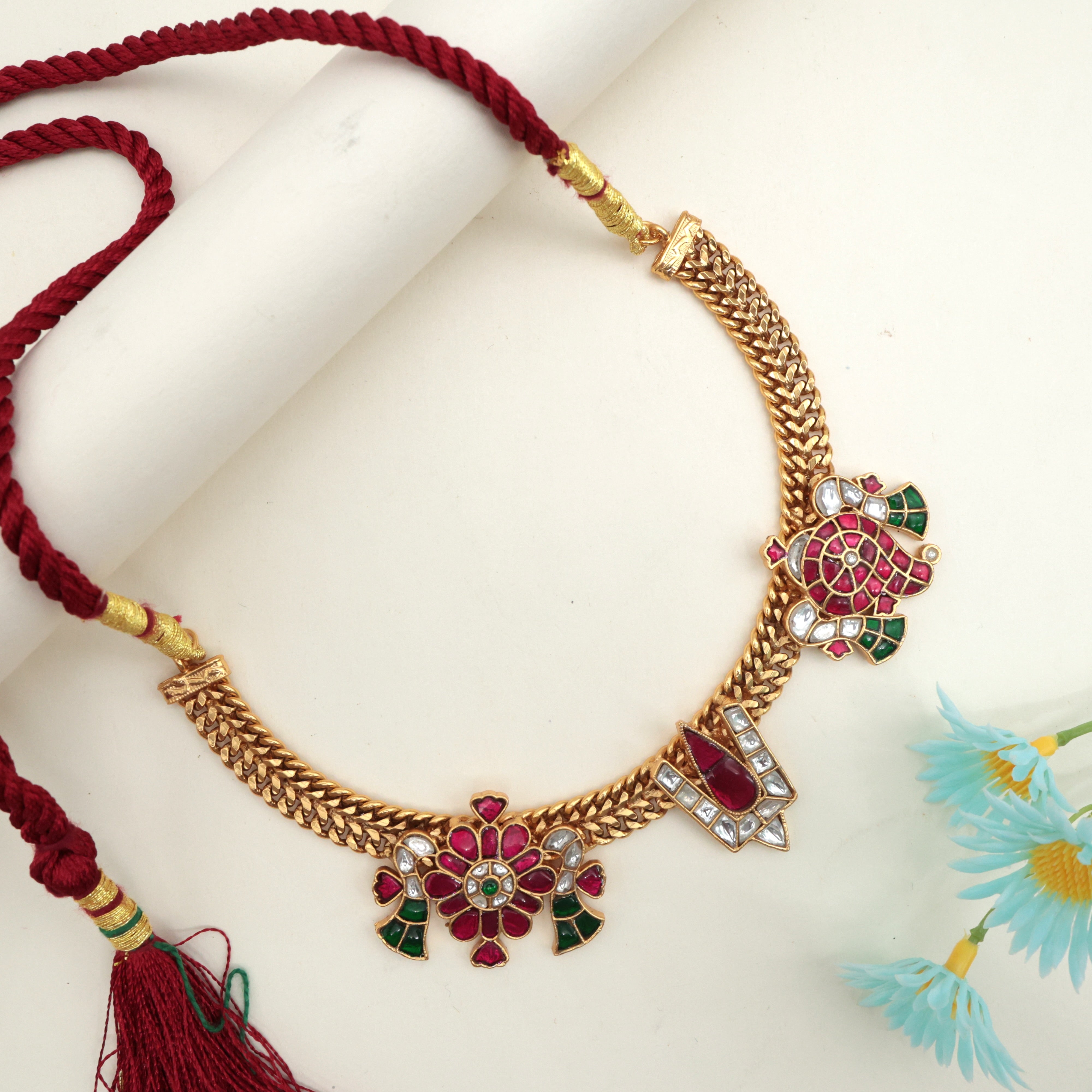 Premium Jadau Kundan Shankh Chakra Namam Necklace