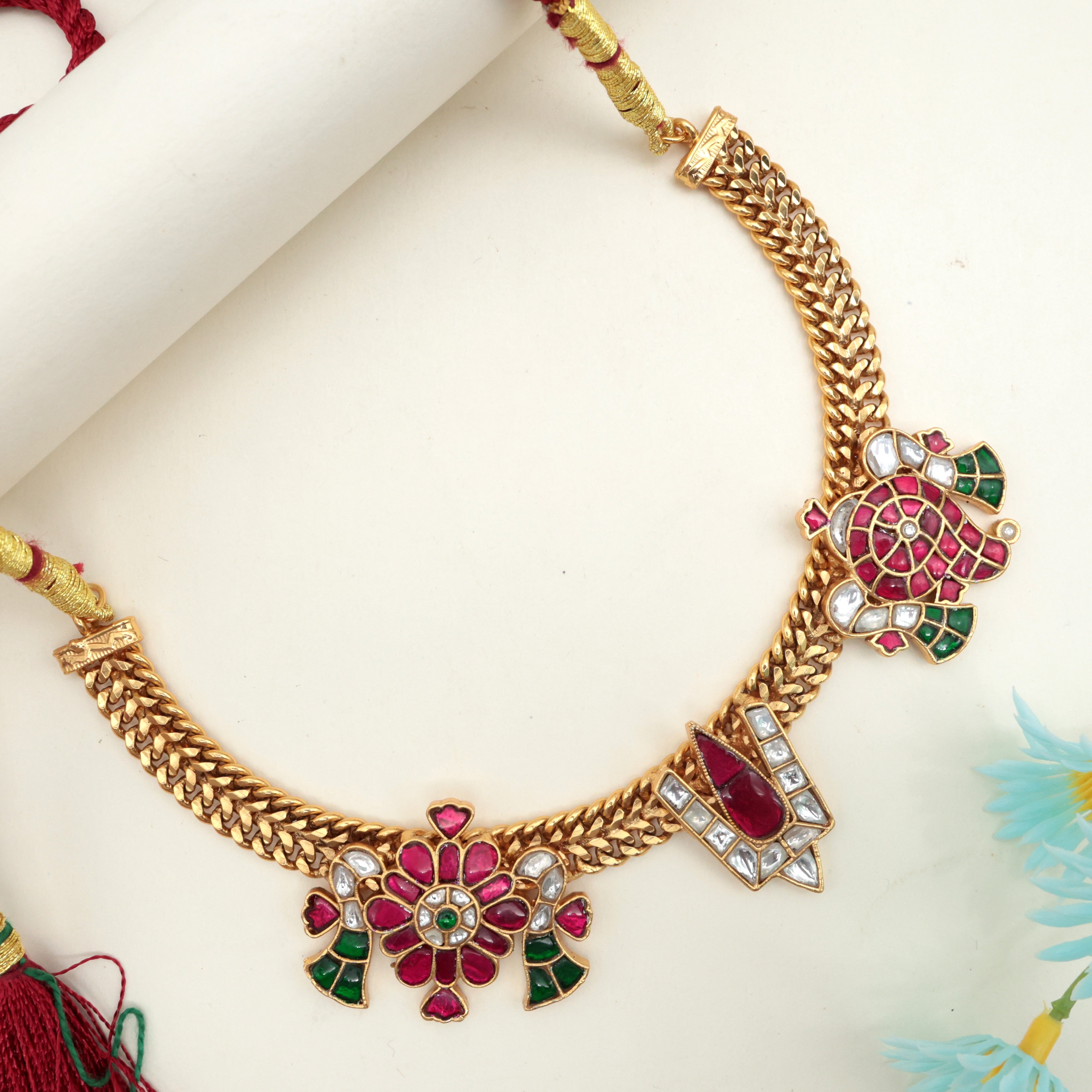 Premium Jadau Kundan Shankh Chakra Namam Necklace