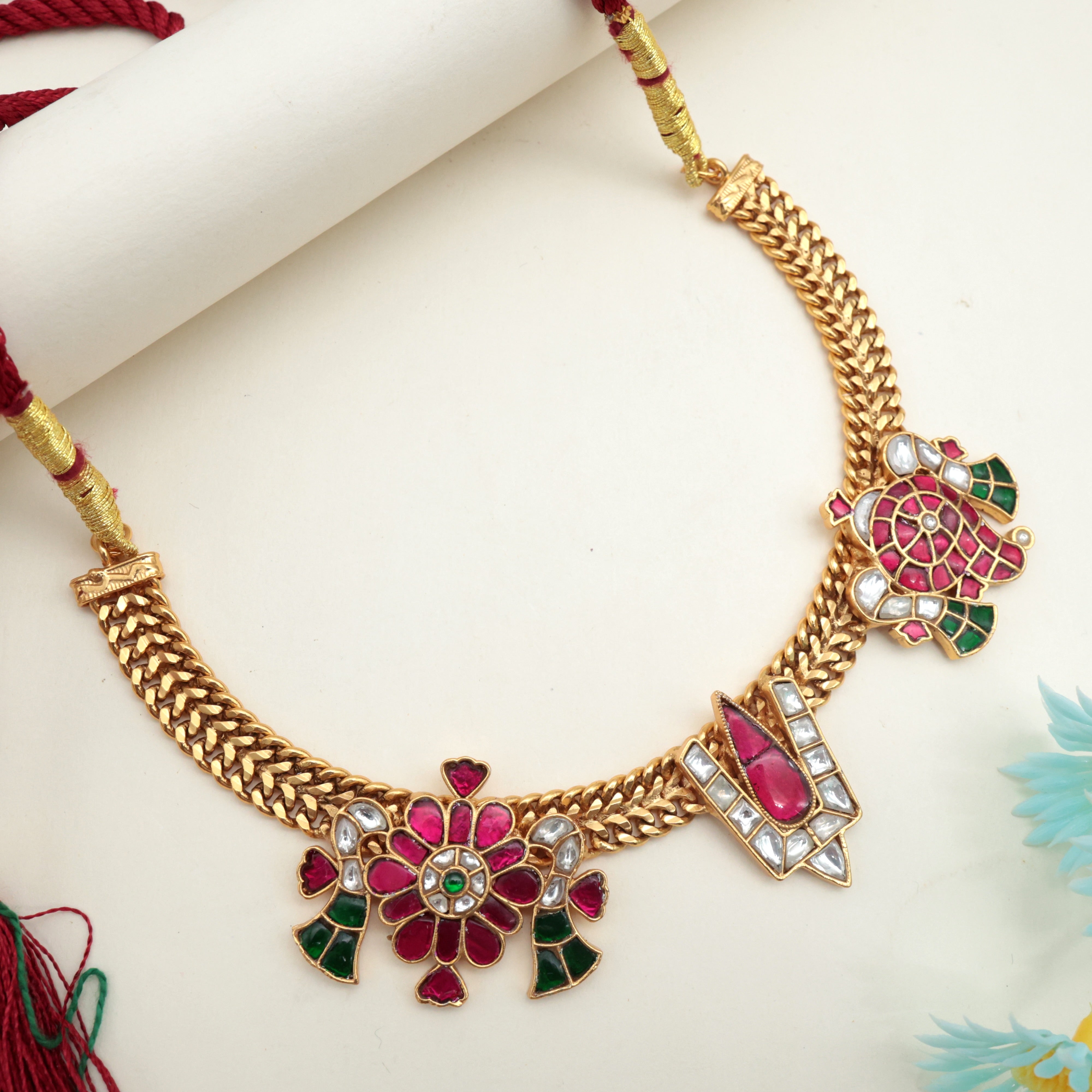 Premium Jadau Kundan Shankh Chakra Namam Necklace