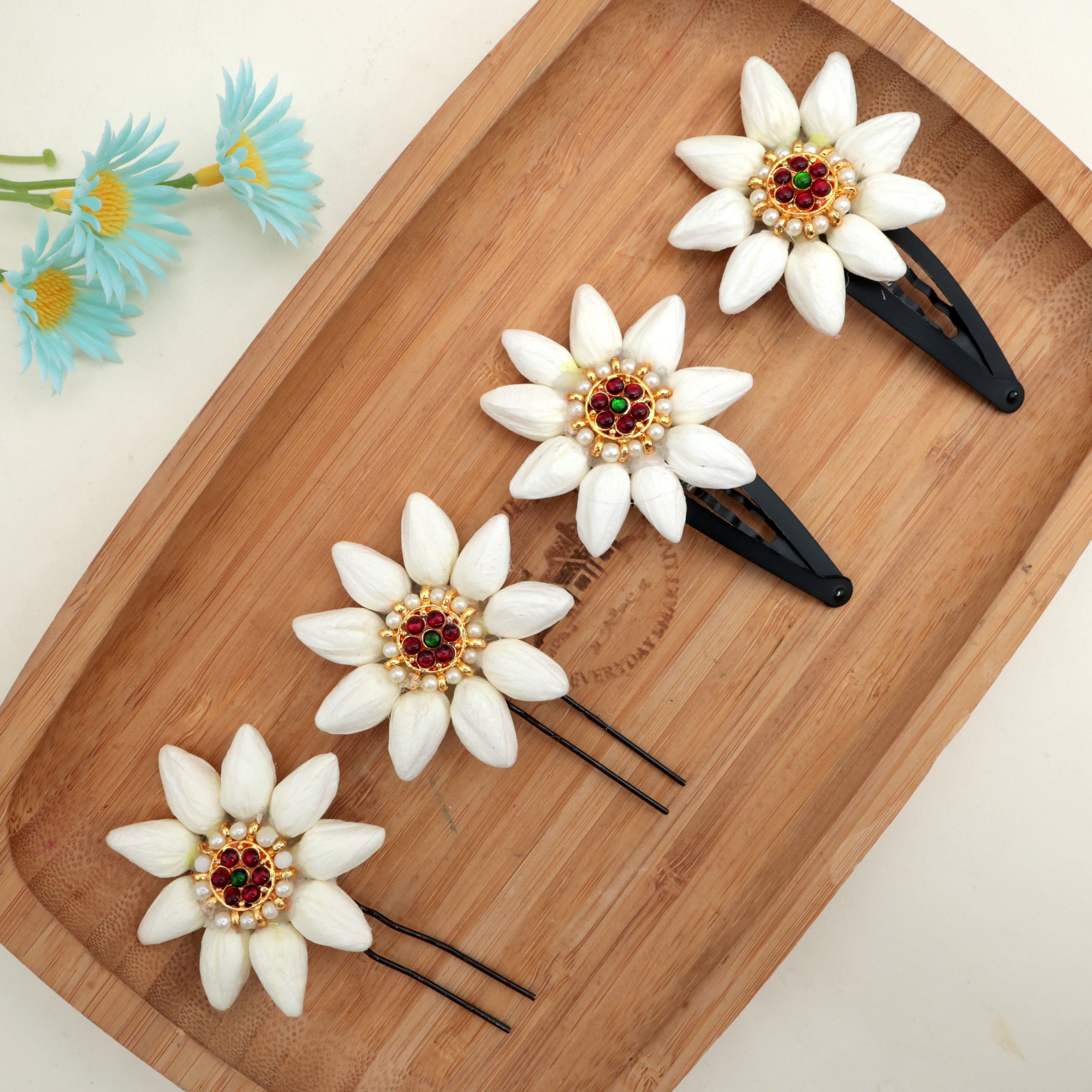 Handmade Real Jasmine Small Kemp Flower Hair Clips (Pack of 2) - Choose Your Model