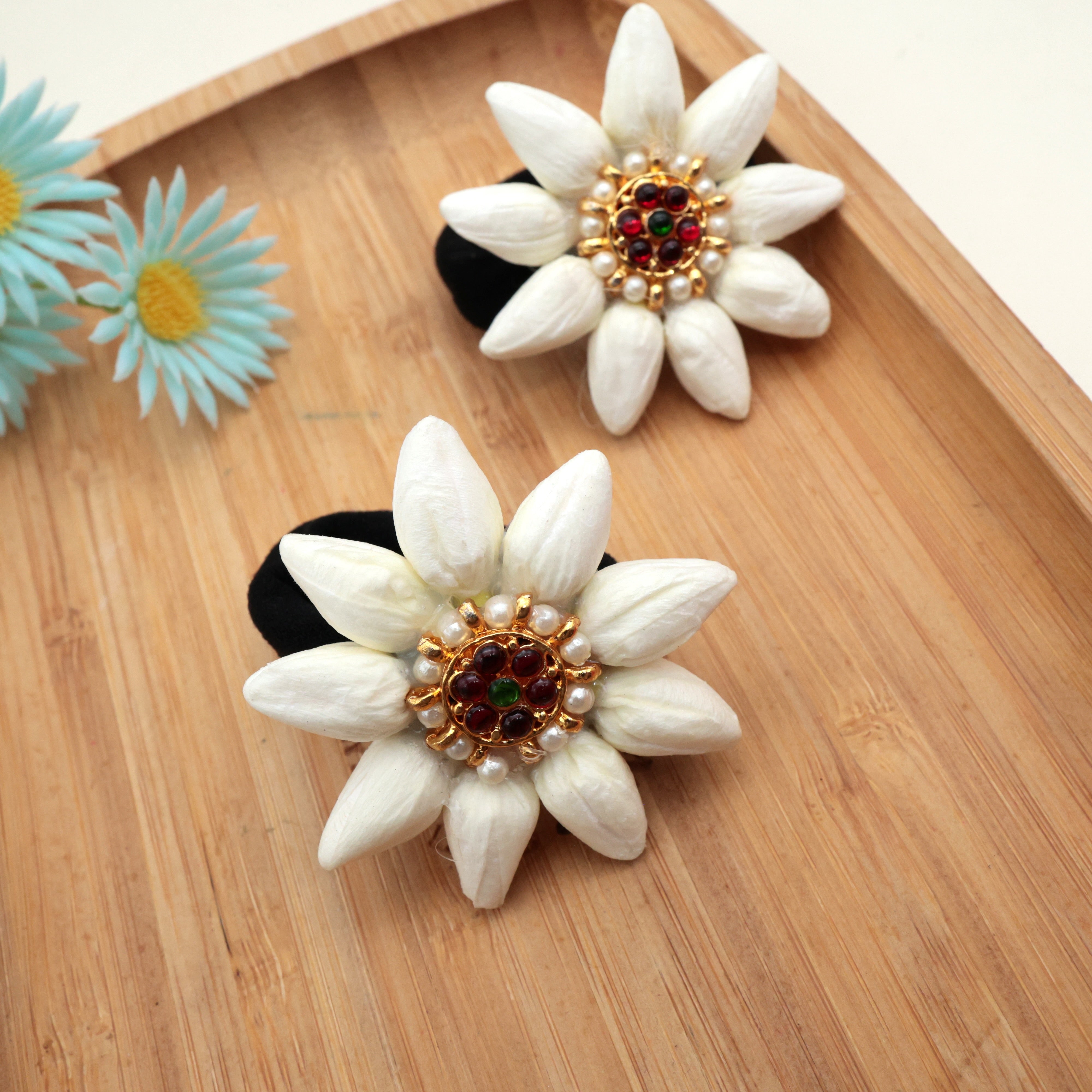 Handmade Real Look Jasmine Small Kemp Flower Hair Bands - Elastic Hair Ties For Kids (Pack of 2)