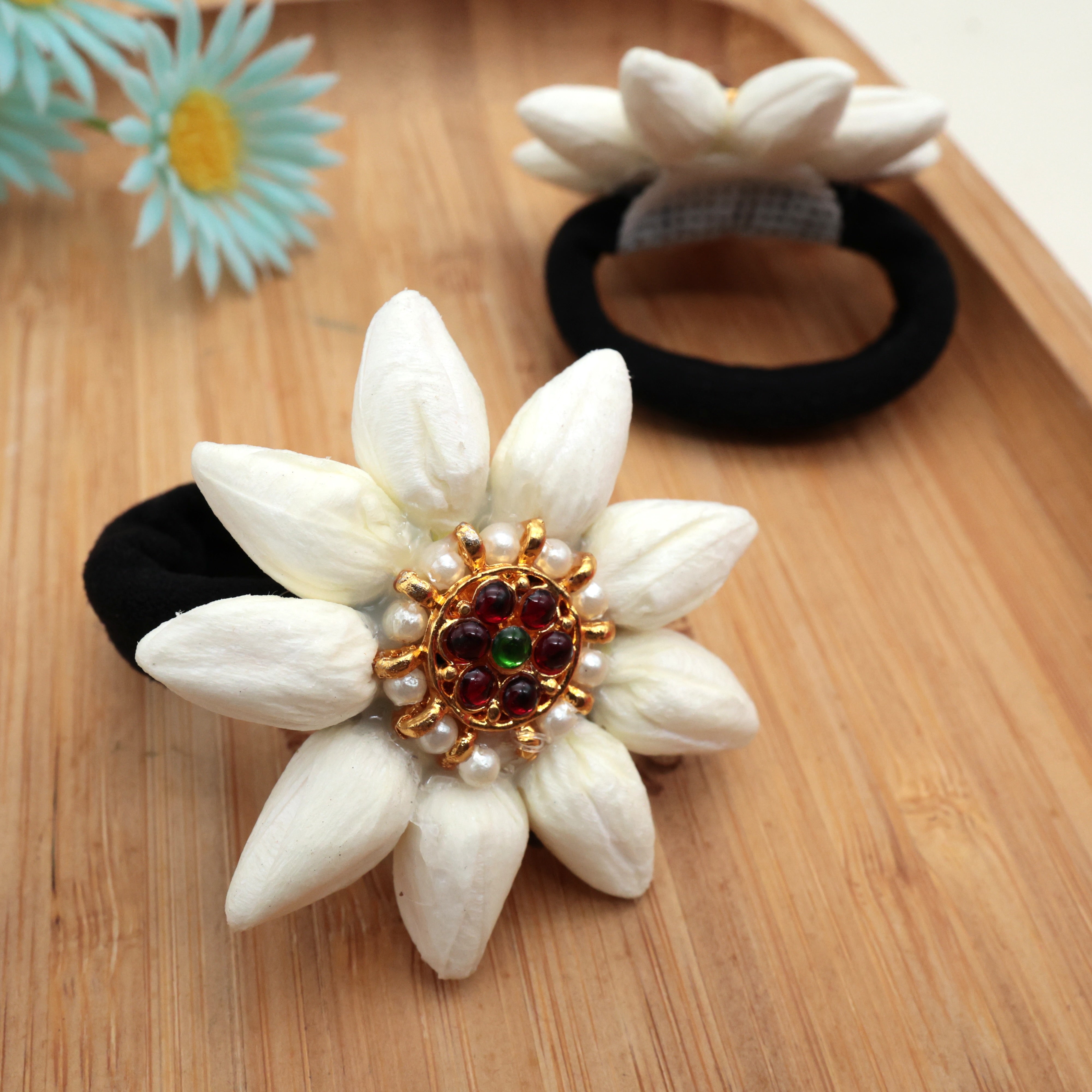 Handmade Real Look Jasmine Small Kemp Flower Hair Bands - Elastic Hair Ties For Kids (Pack of 2)