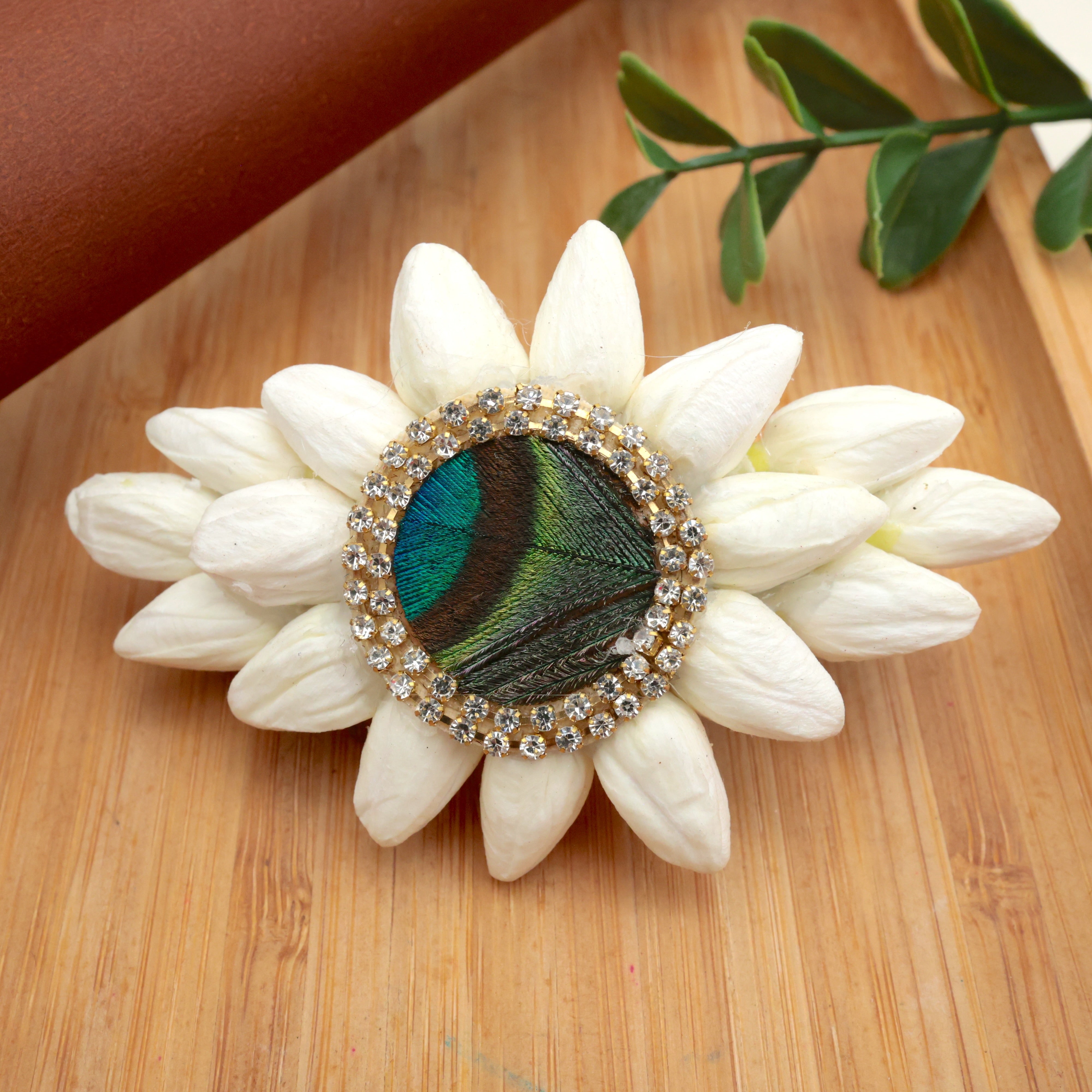 Handmade Real Look Jasmine Peacock Feather French Barrette Hair Clip For Women
