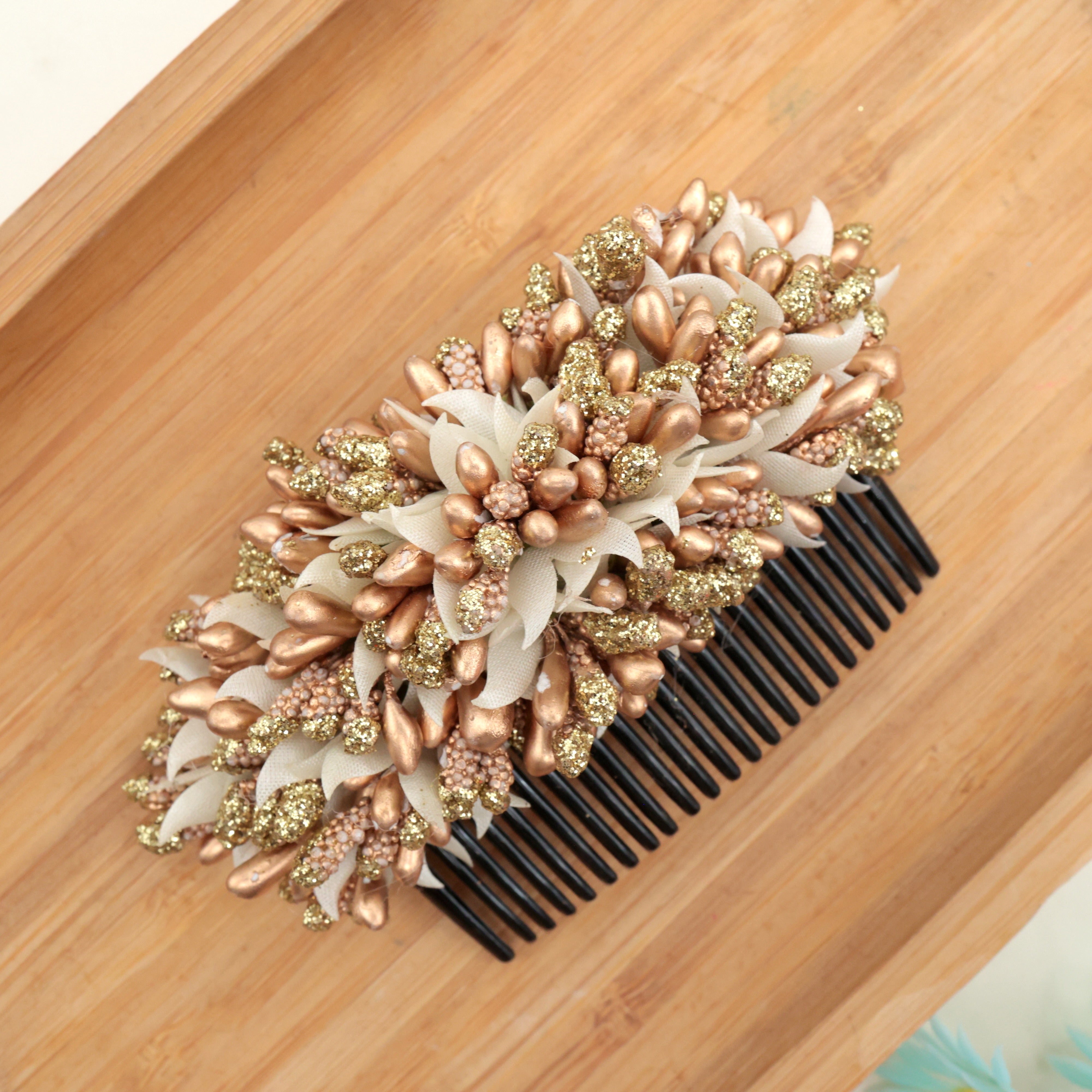 Big Handmade Fancy Pollens Flowers Hair Comb Clip - Gold