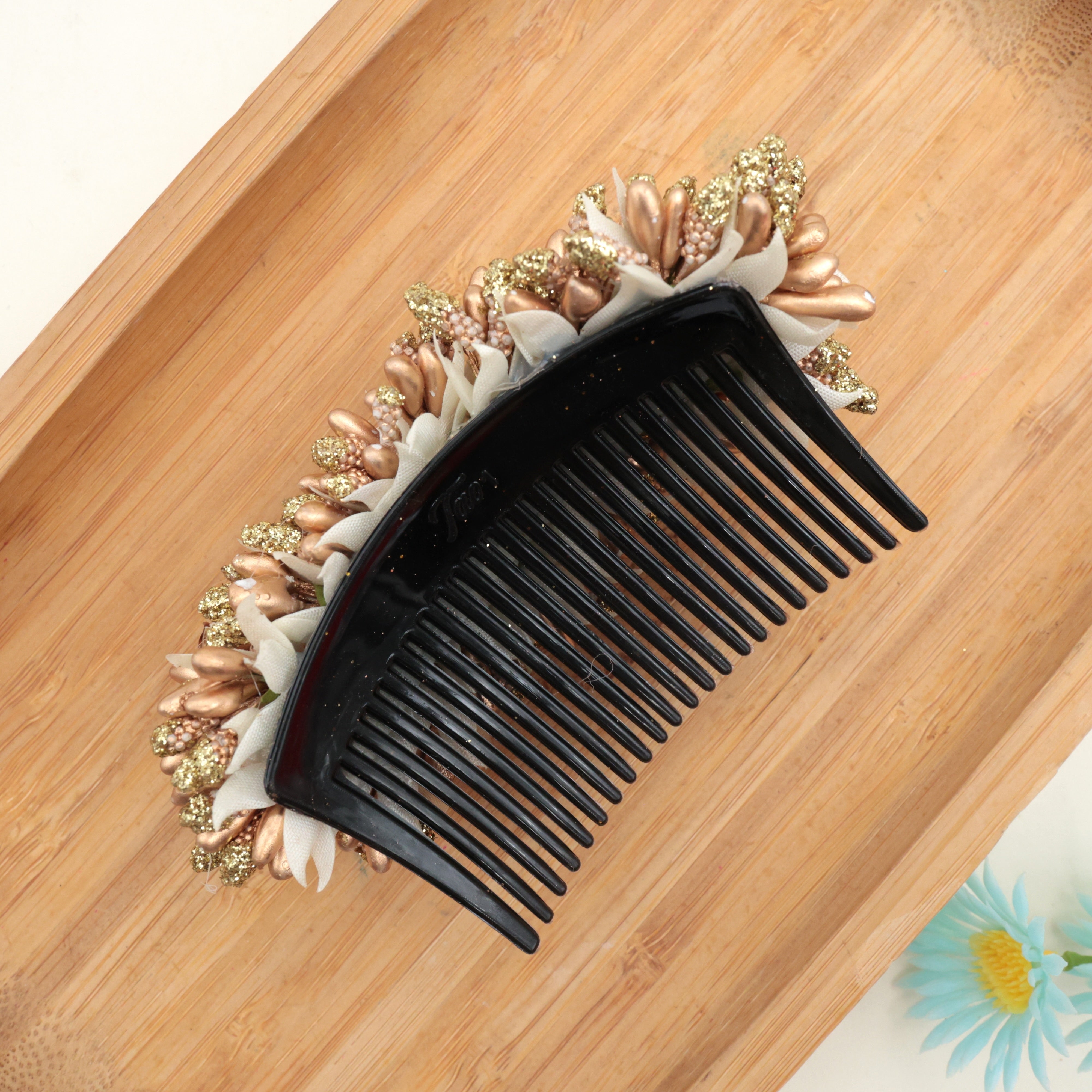 Big Handmade Fancy Pollens Flowers Hair Comb Clip - Gold
