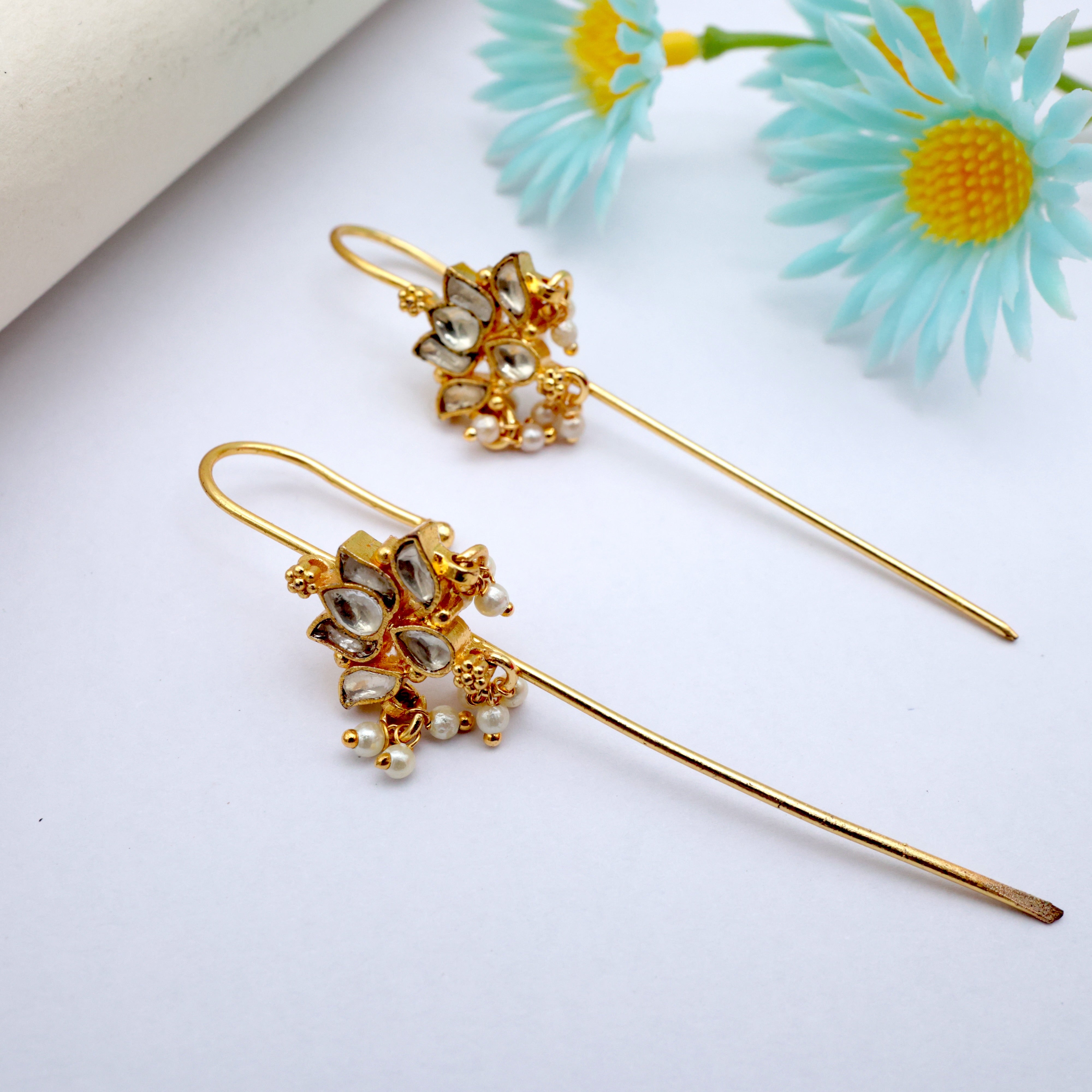 PREMIUM PACHI KUNDAN HANGING LOTUS NEEDLE EARCUFF EARRINGS - WHITE