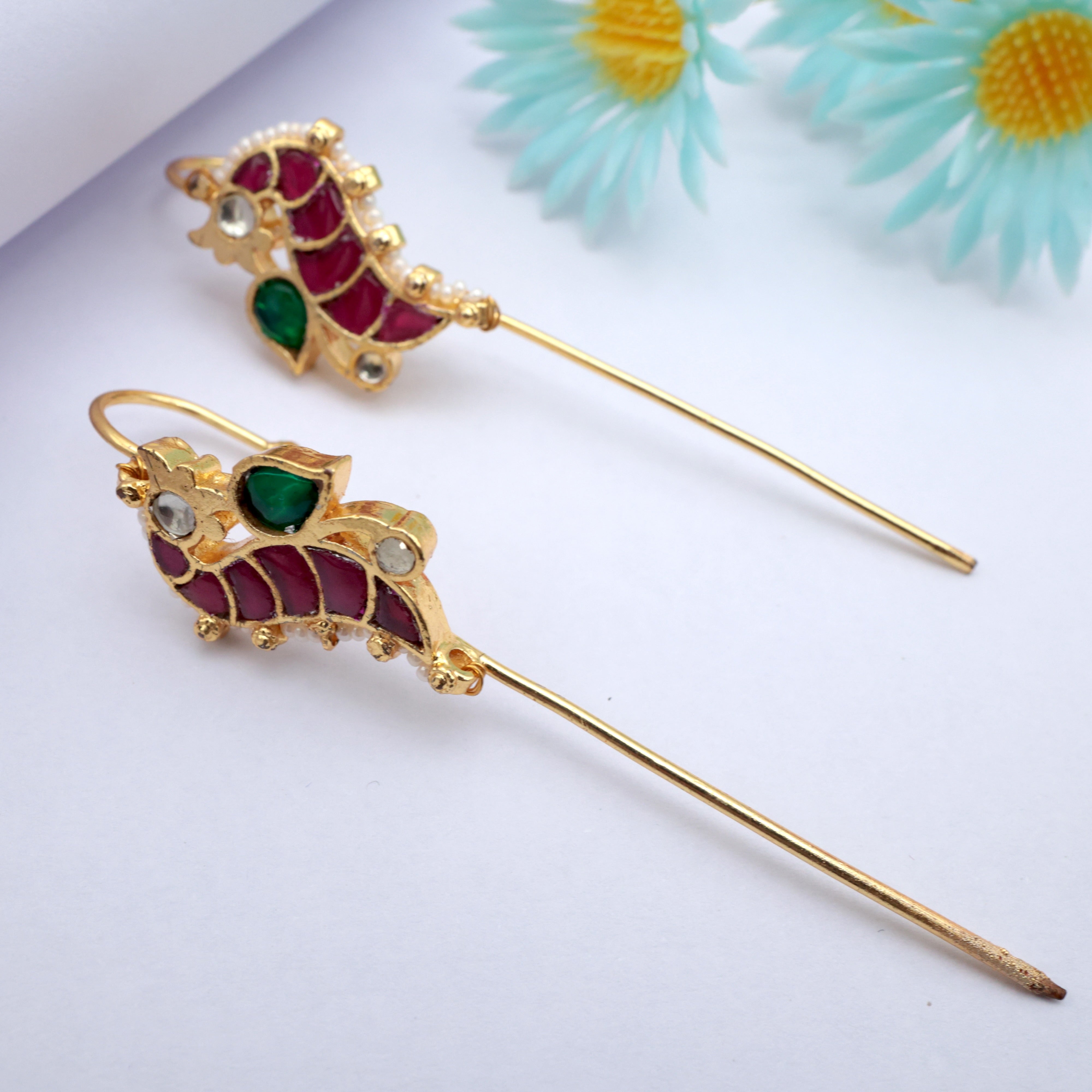 PREMIUM PACHI KUNDAN PEACOCK NEEDLE EARCUFF EARRINGS - RUBY, GREEN & WHITE