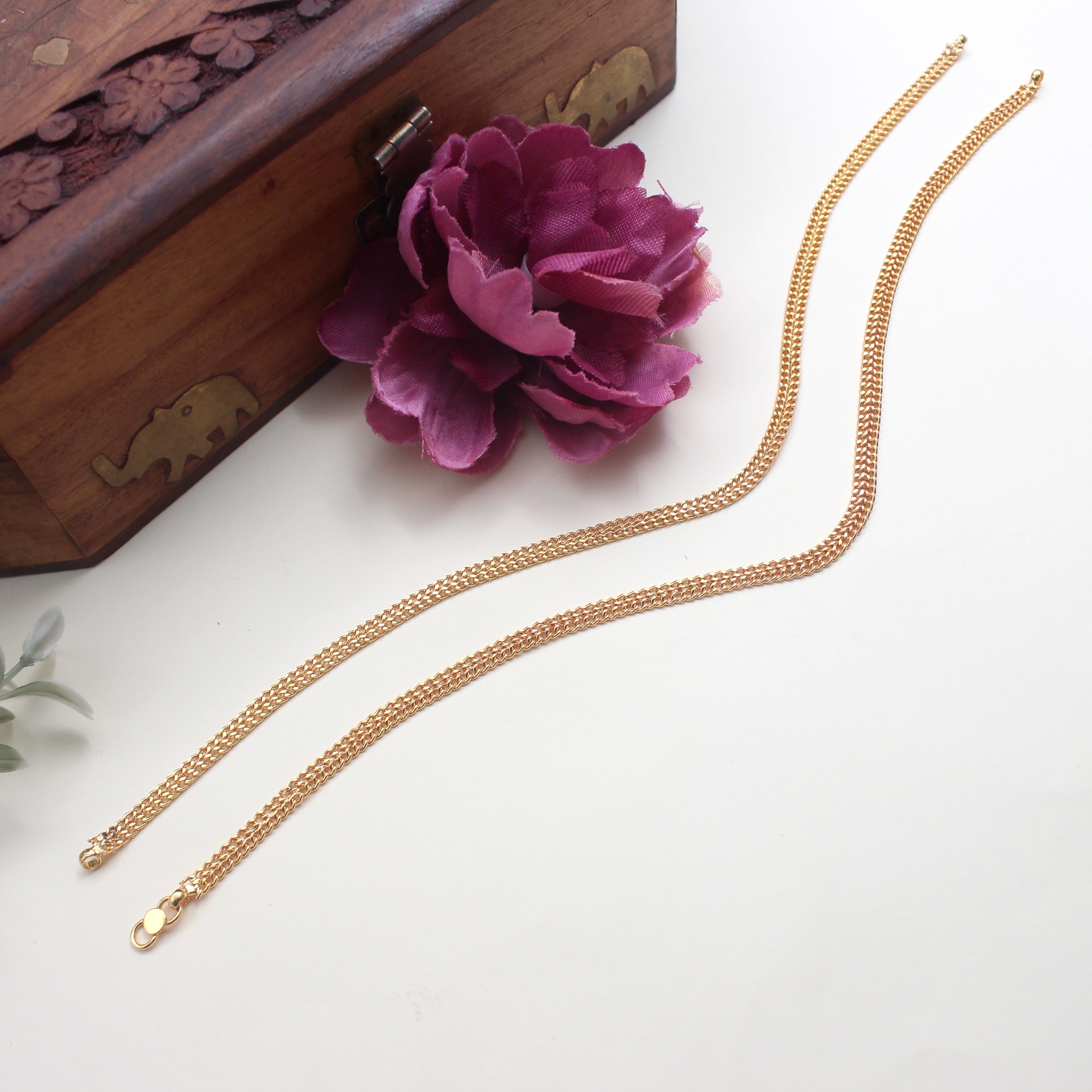 Real Gold Look Kerala Style Flat Plain Weave Pattern Anklets