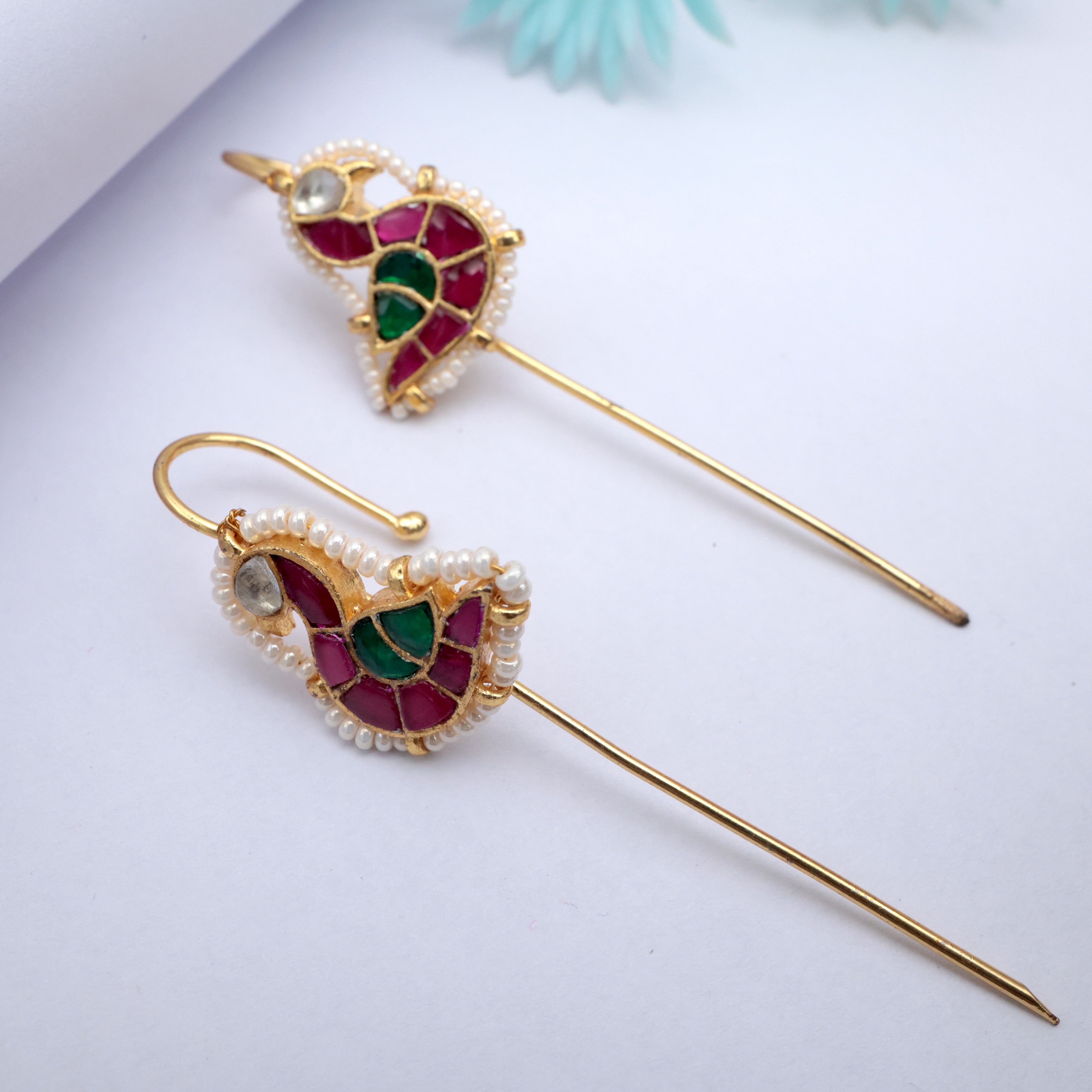 PREMIUM PACHI KUNDAN BIRD NEEDLE EARCUFF EARRINGS - RUBY, GREEN & WHITE