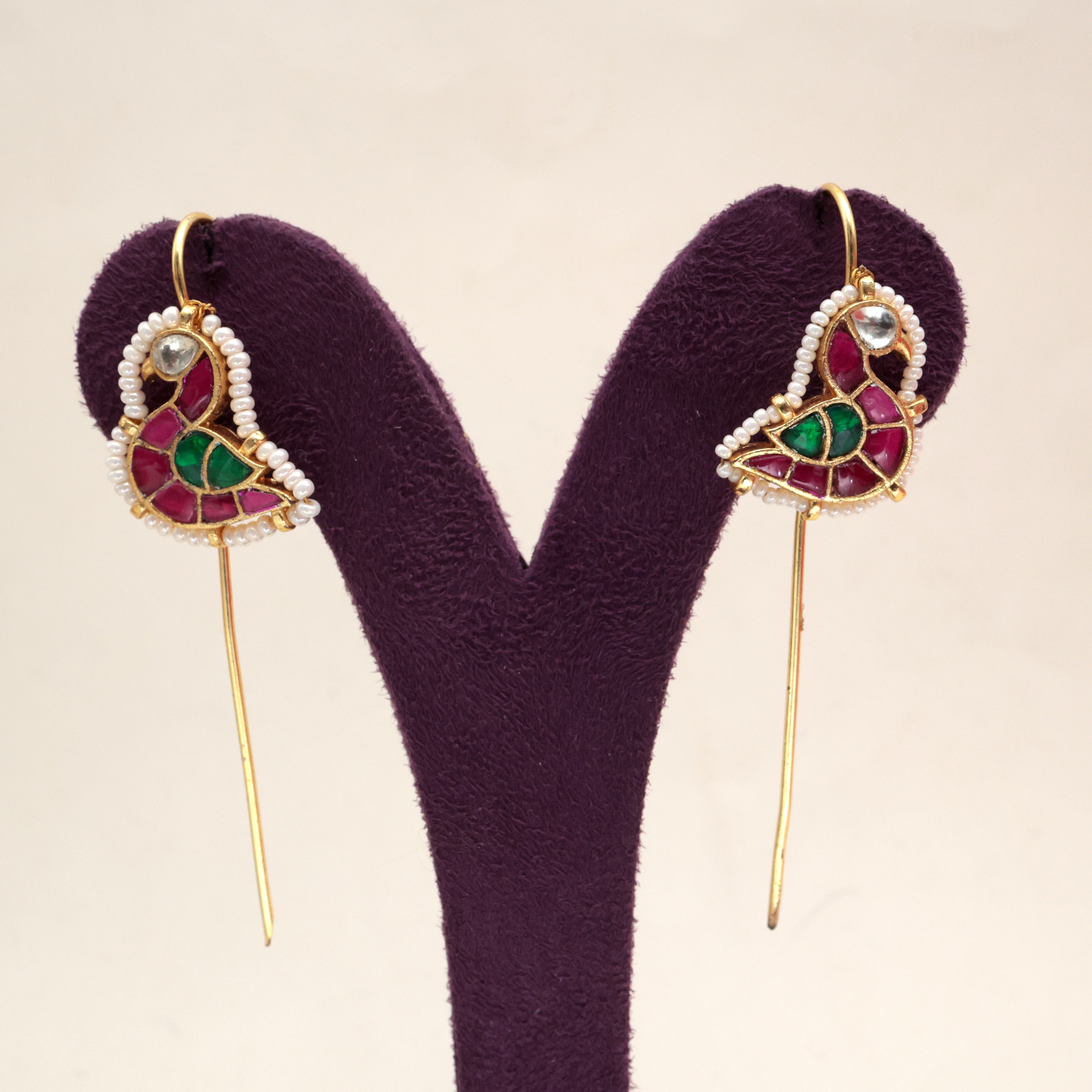 PREMIUM PACHI KUNDAN BIRD NEEDLE EARCUFF EARRINGS - RUBY, GREEN & WHITE