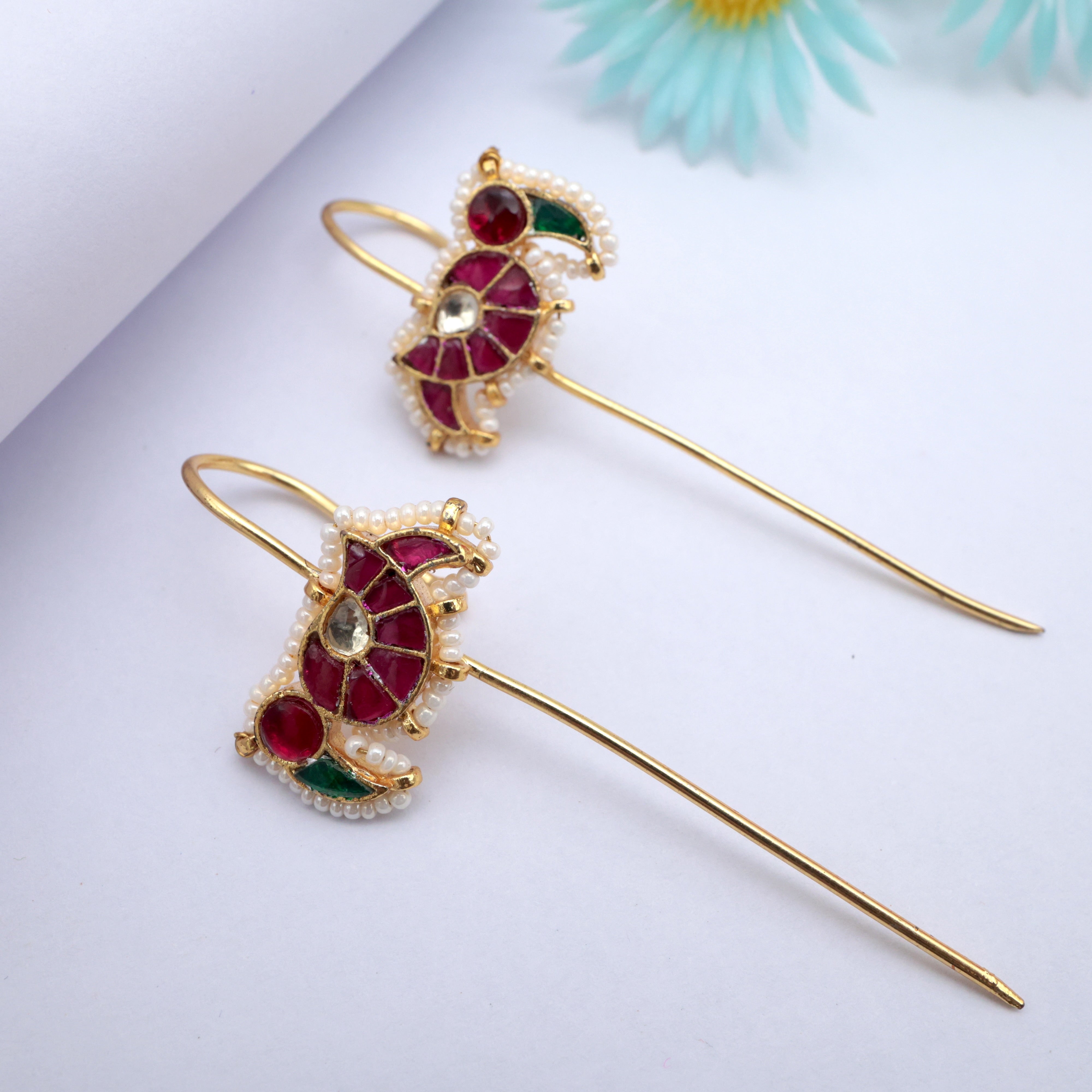 PREMIUM PACHI KUNDAN PARROT NEEDLE EARCUFF EARRINGS - RUBY, GREEN & WHITE