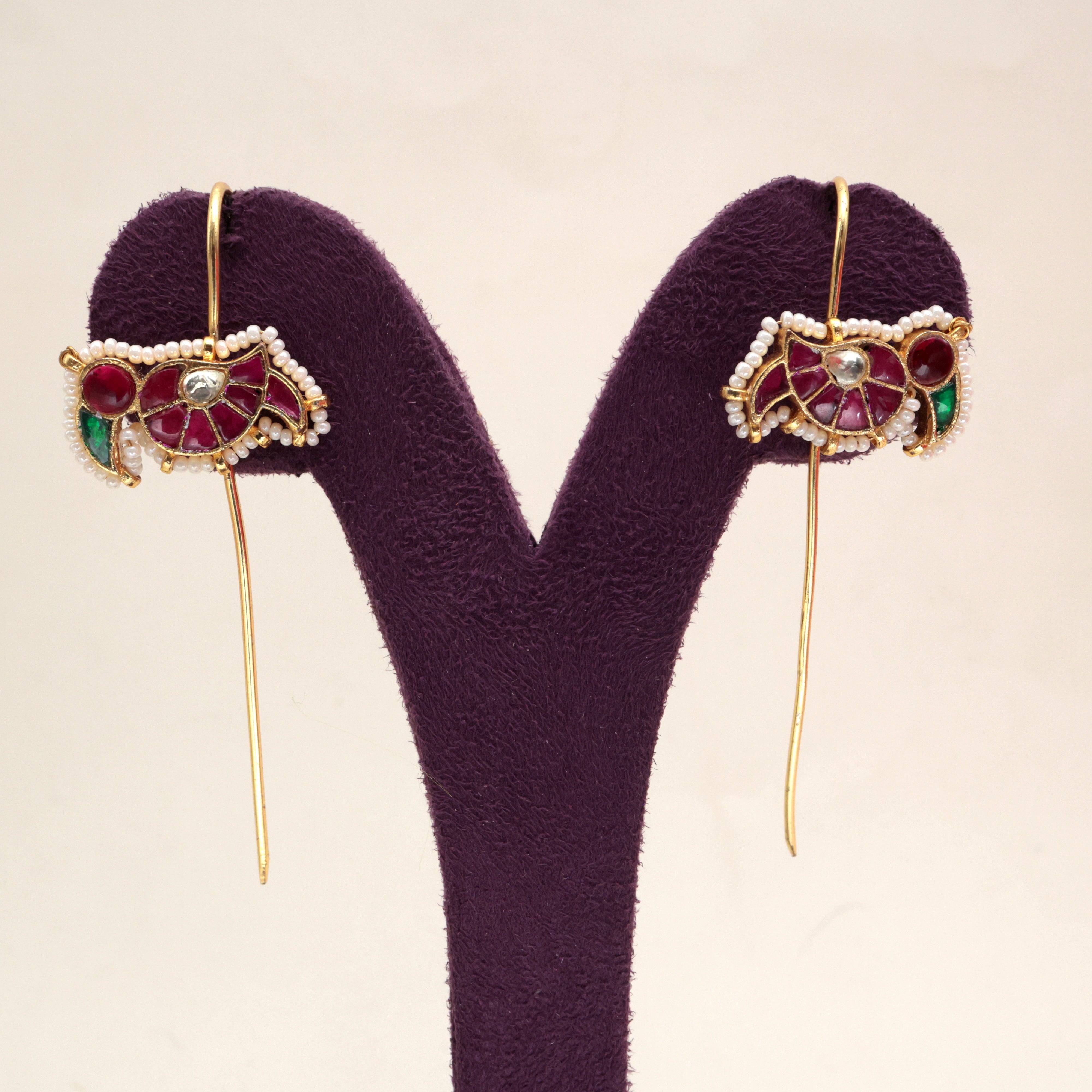 PREMIUM PACHI KUNDAN PARROT NEEDLE EARCUFF EARRINGS - RUBY, GREEN & WHITE