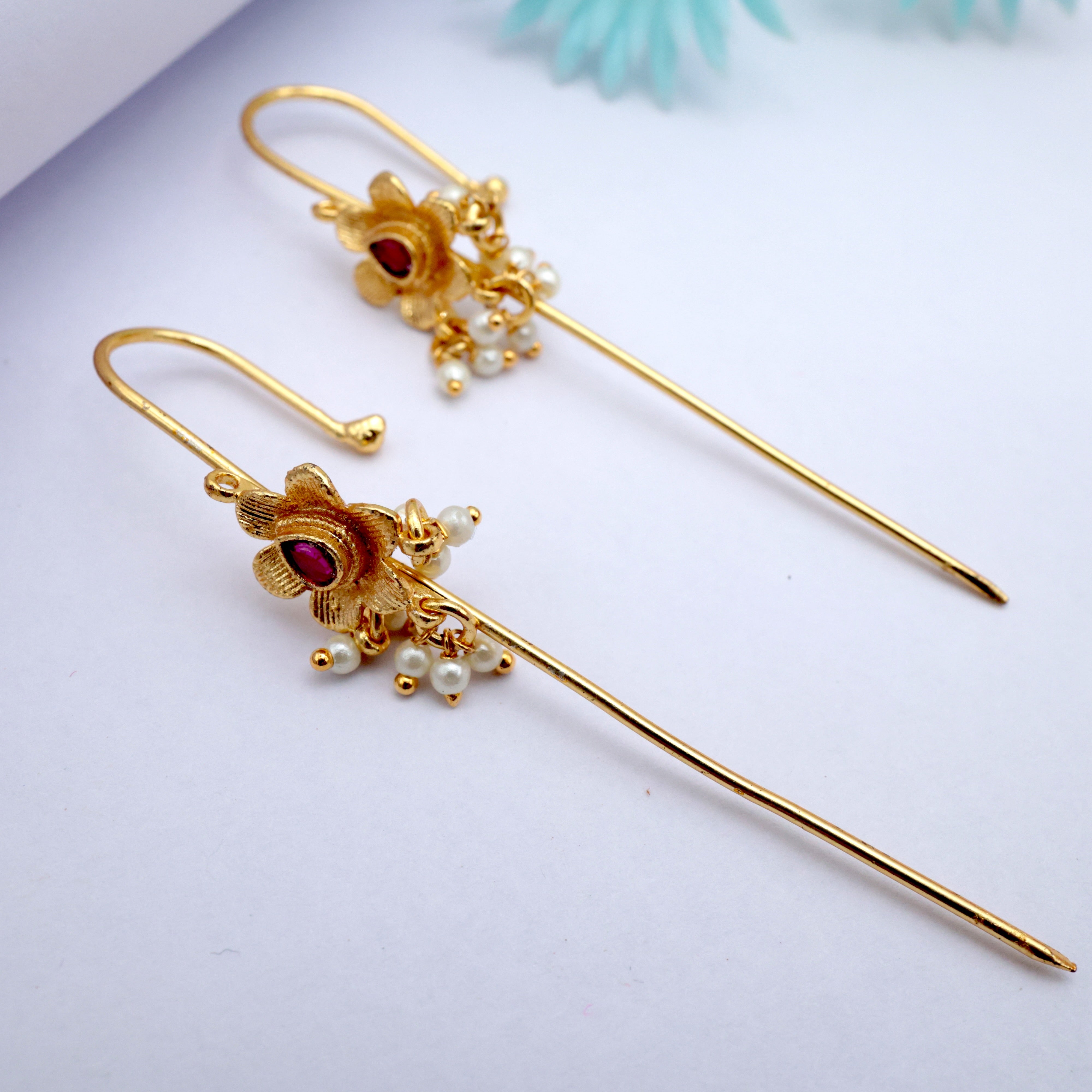 PREMIUM PACHI KUNDAN FLOWER STONE NEEDLE EARCUFF EARRINGS - RUBY