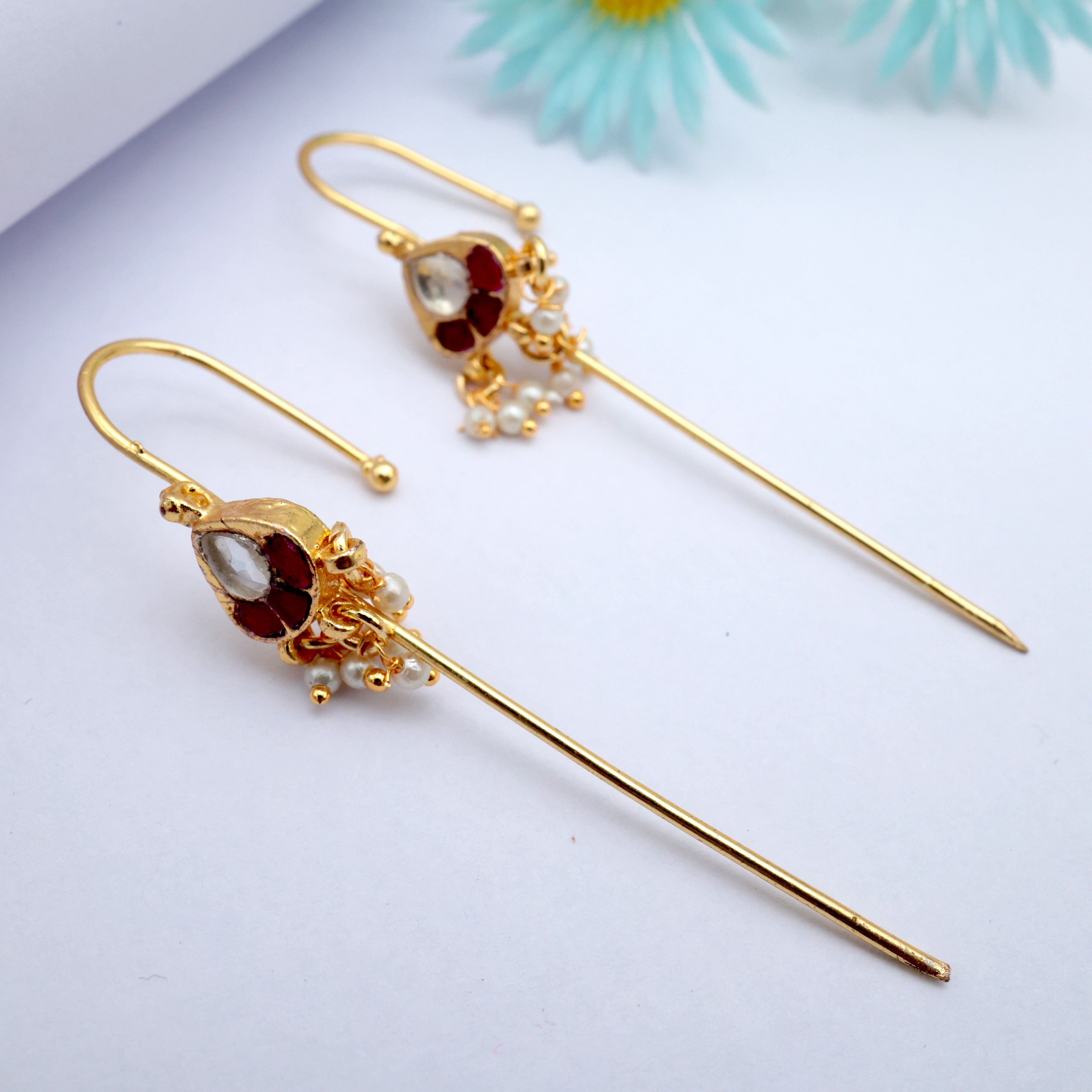 PREMIUM PACHI KUNDAN CHAAND TILAK NEEDLE EARCUFF EARRINGS - RUBY & WHITE