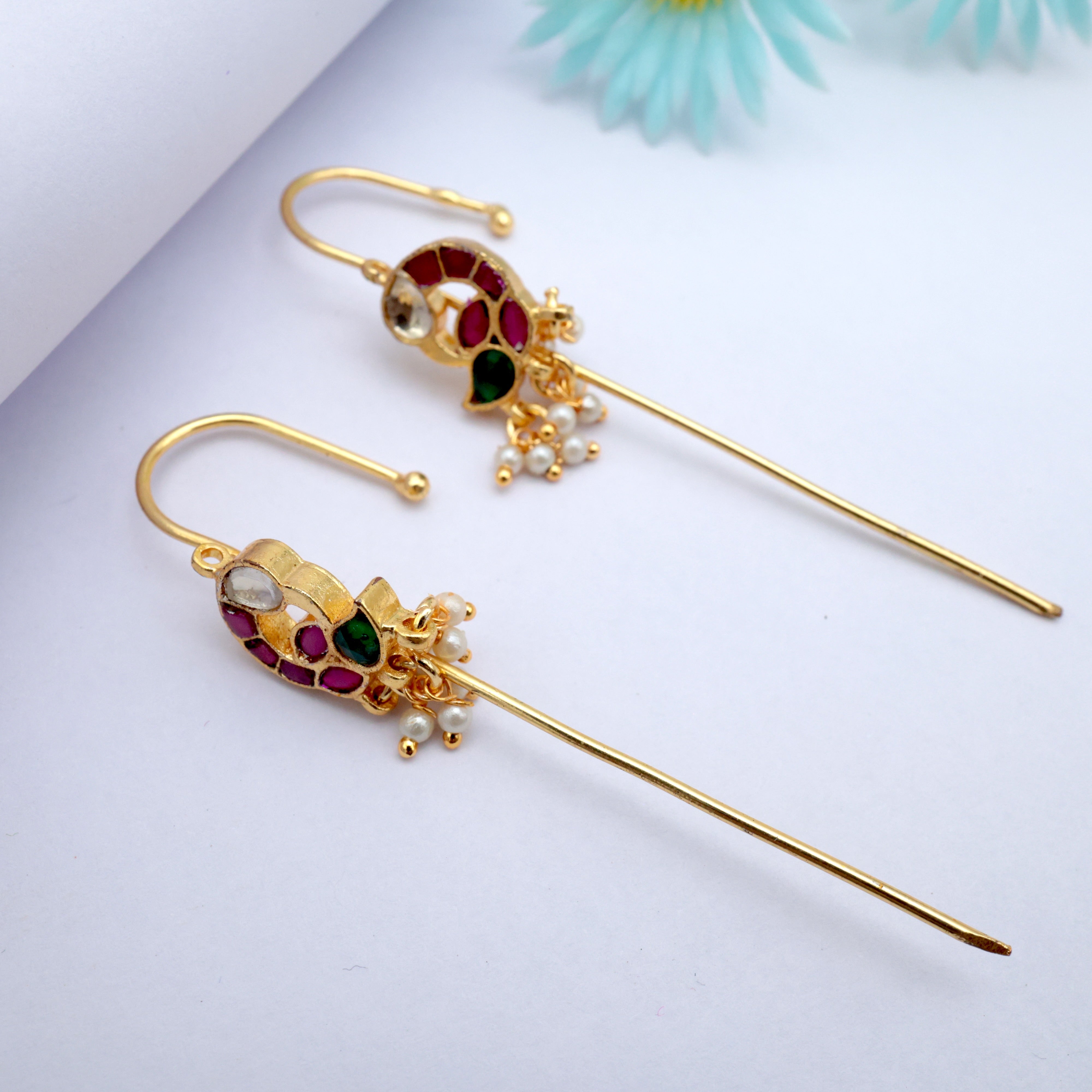 PREMIUM PACHI KUNDAN MOR NEEDLE EARCUFF EARRINGS - RUBY GREEN & WHITE