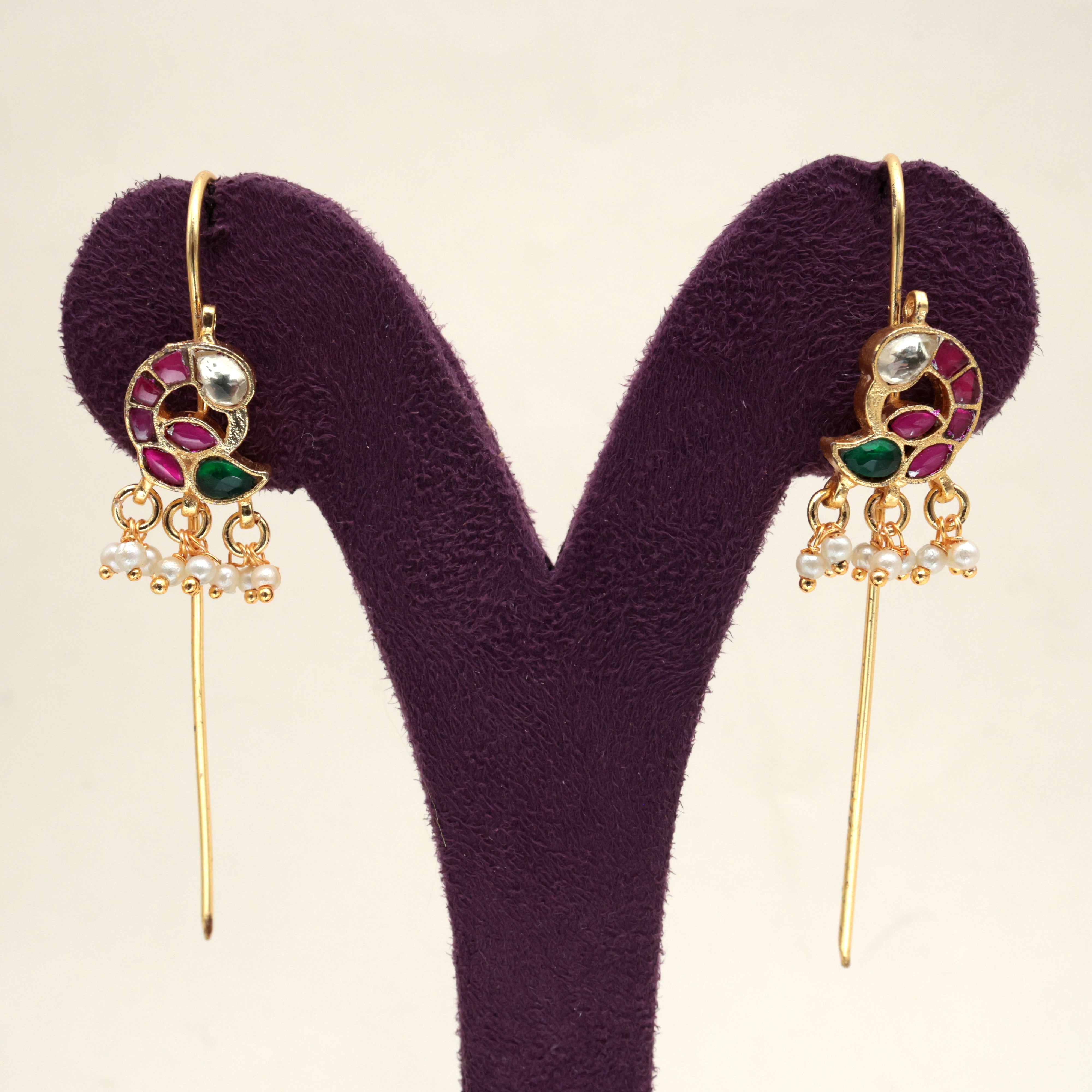 PREMIUM PACHI KUNDAN MOR NEEDLE EARCUFF EARRINGS - RUBY GREEN & WHITE