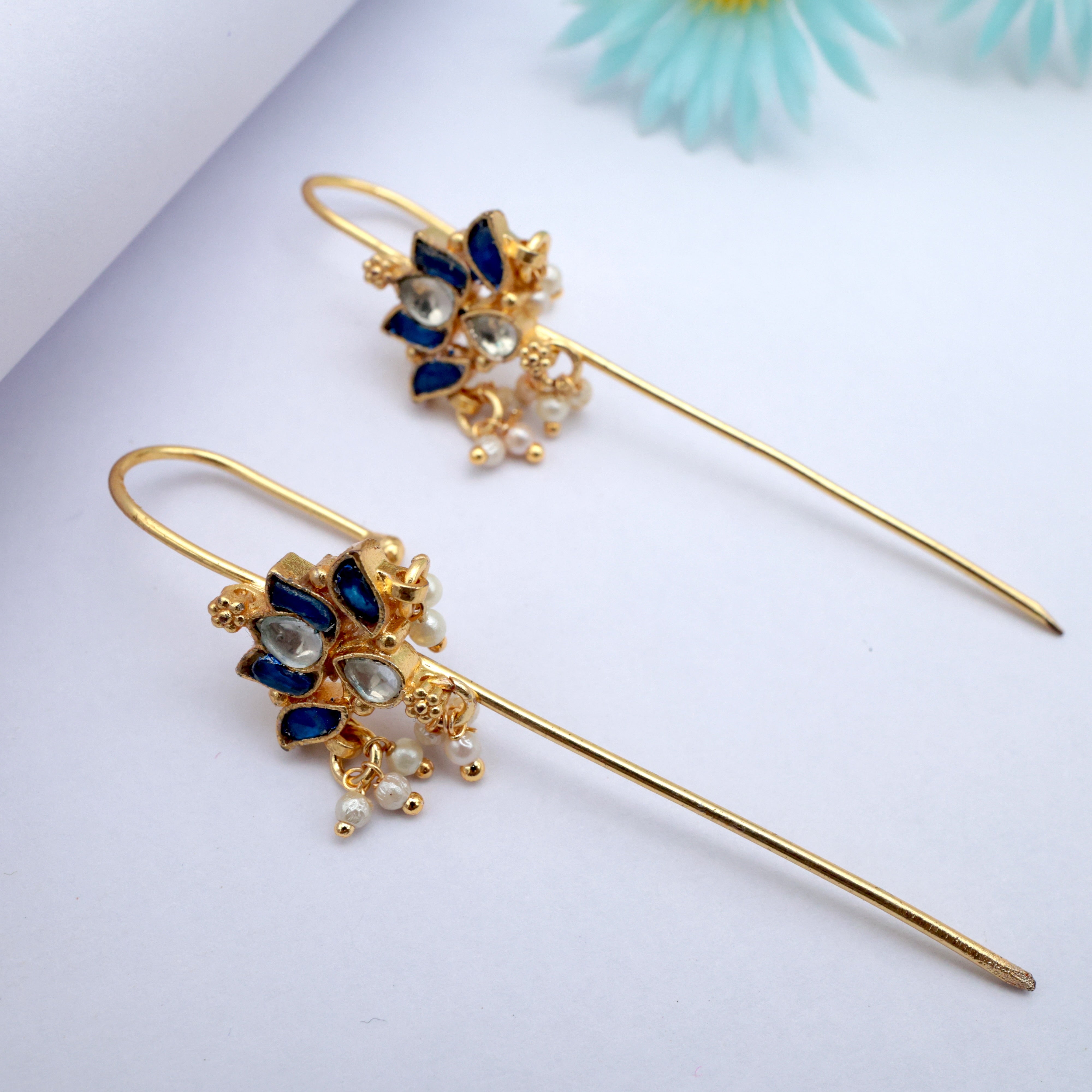 PREMIUM PACHI KUNDAN LOTUS NEEDLE EARCUFF EARRINGS - GREEN & WHITE