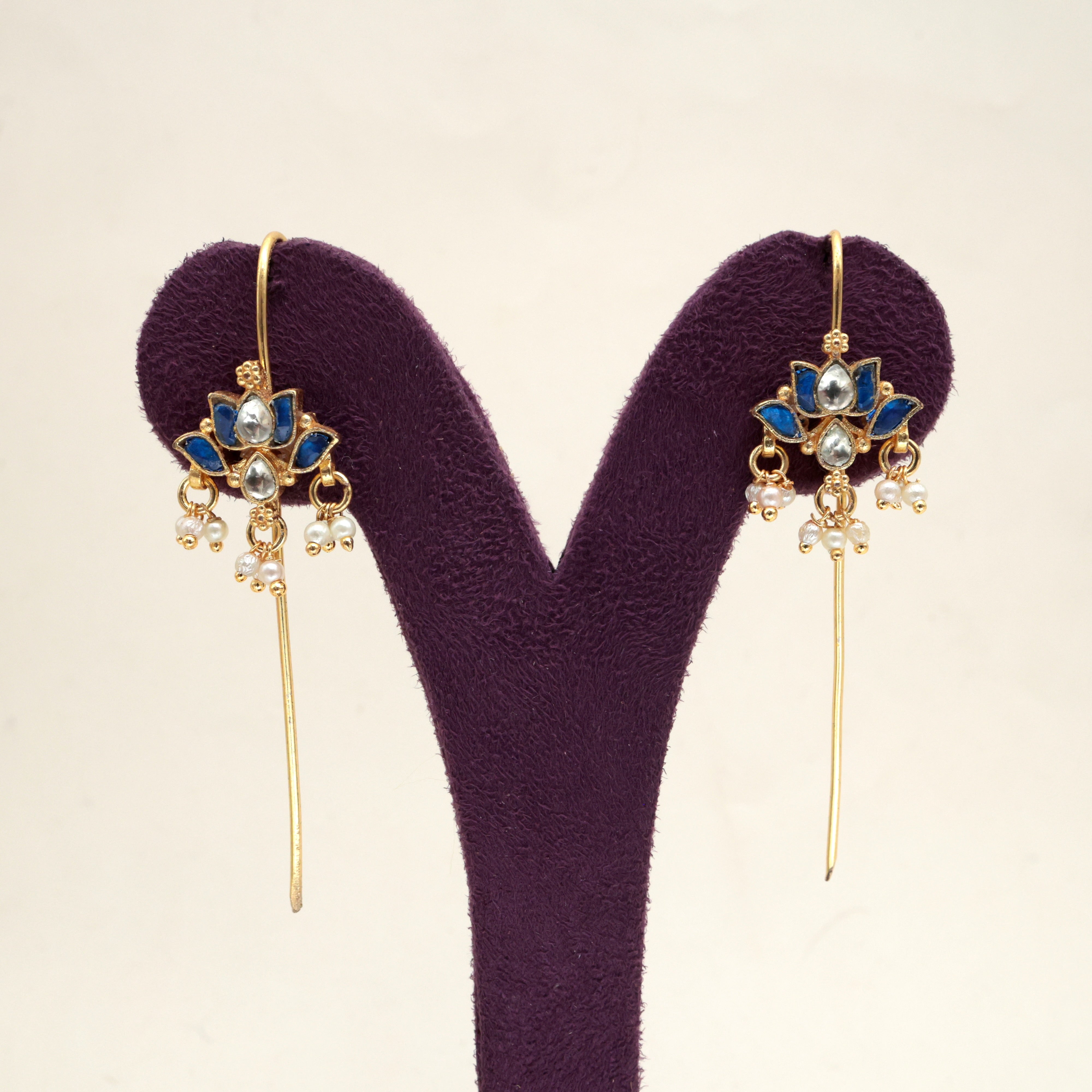 PREMIUM PACHI KUNDAN LOTUS NEEDLE EARCUFF EARRINGS - GREEN & WHITE