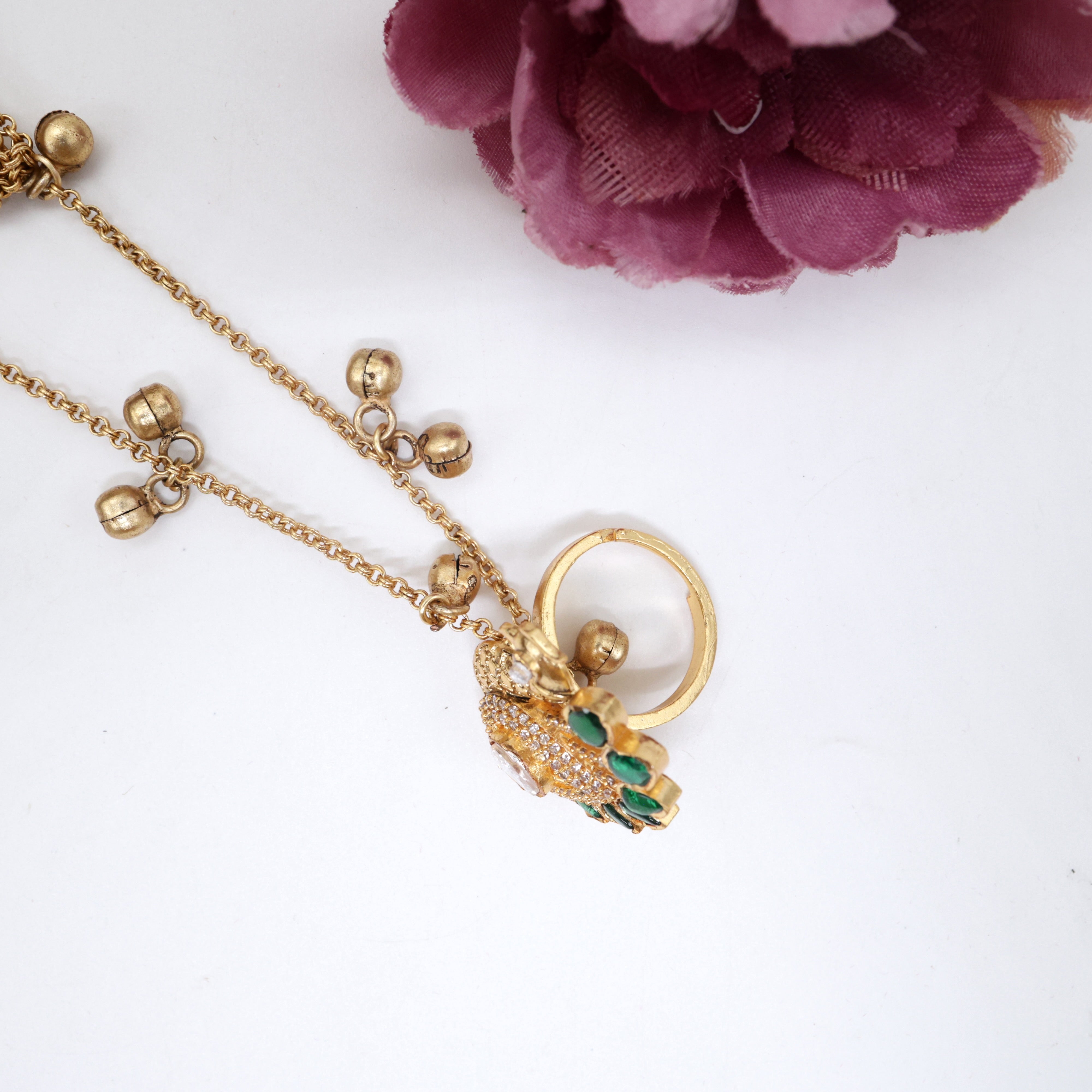 Antique Jadau Kundan Premium Peacock Bridal Adjustable Finger Ring Hath Phool