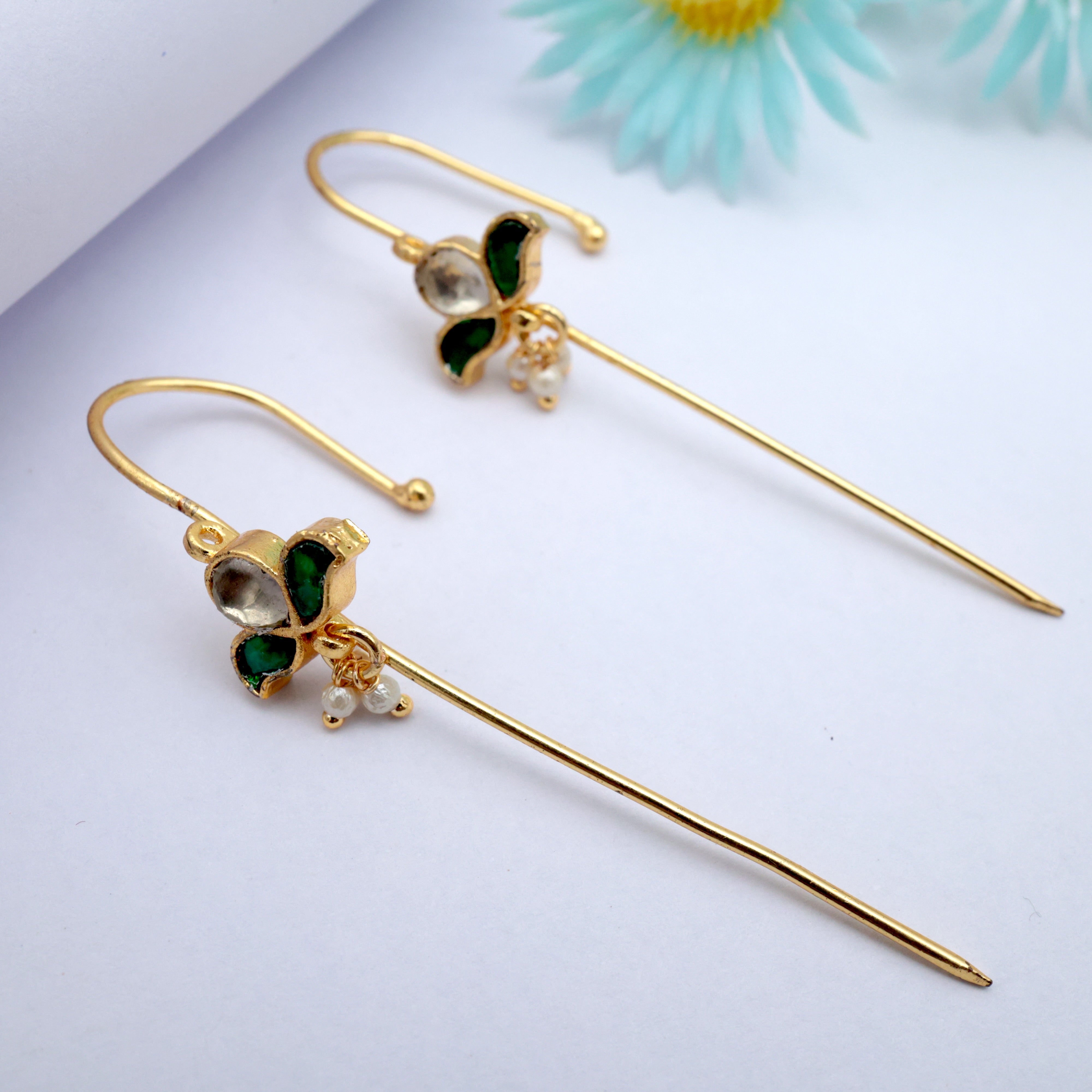 PREMIUM PACHI KUNDAN DOUBLE LEAF BUD NEEDLE EARCUFF EARRINGS - GREEN & WHITE