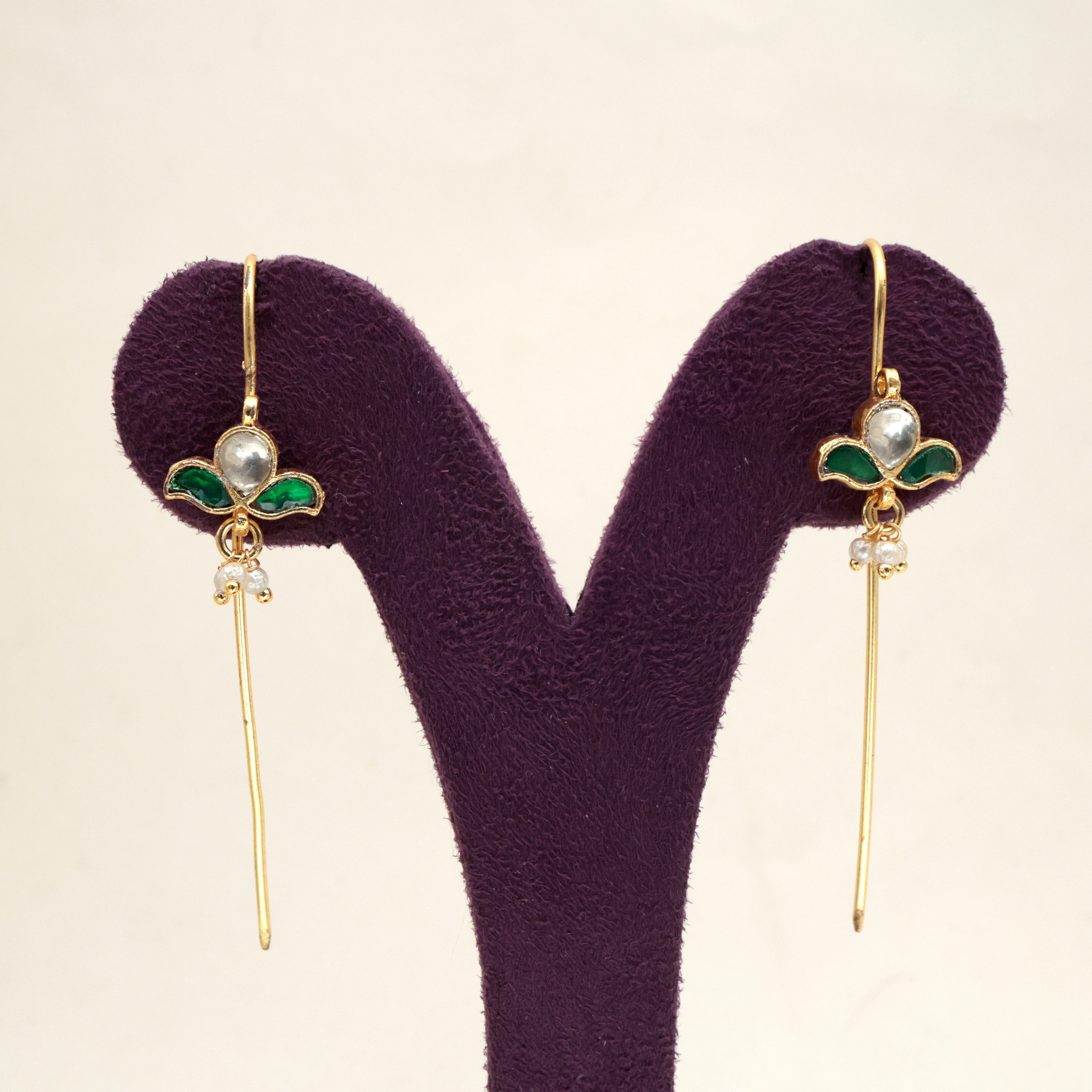 PREMIUM PACHI KUNDAN DOUBLE LEAF BUD NEEDLE EARCUFF EARRINGS - GREEN & WHITE