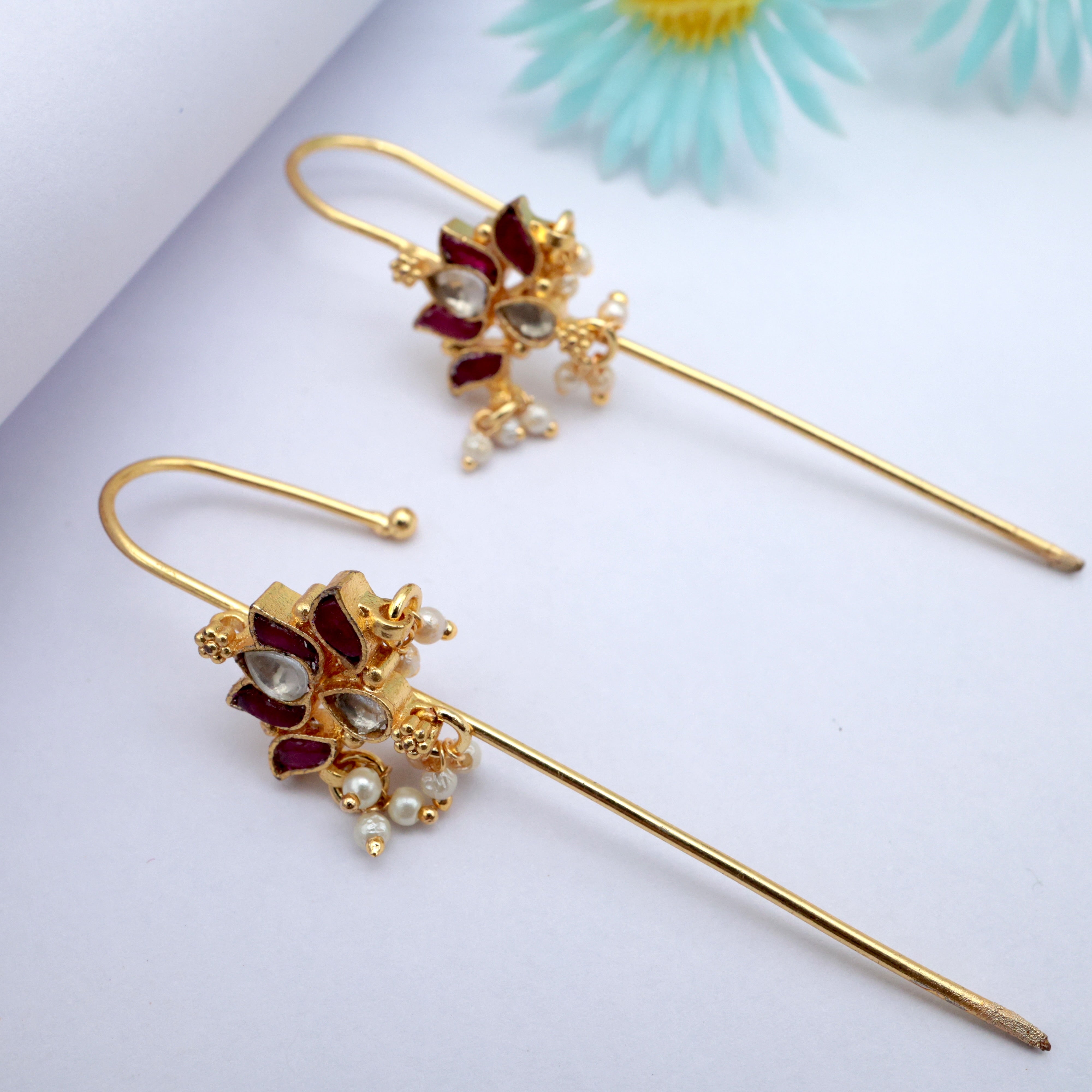 PREMIUM PACHI KUNDAN HANGING LOTUS NEEDLE EARCUFF EARRINGS - RUBY & WHITE
