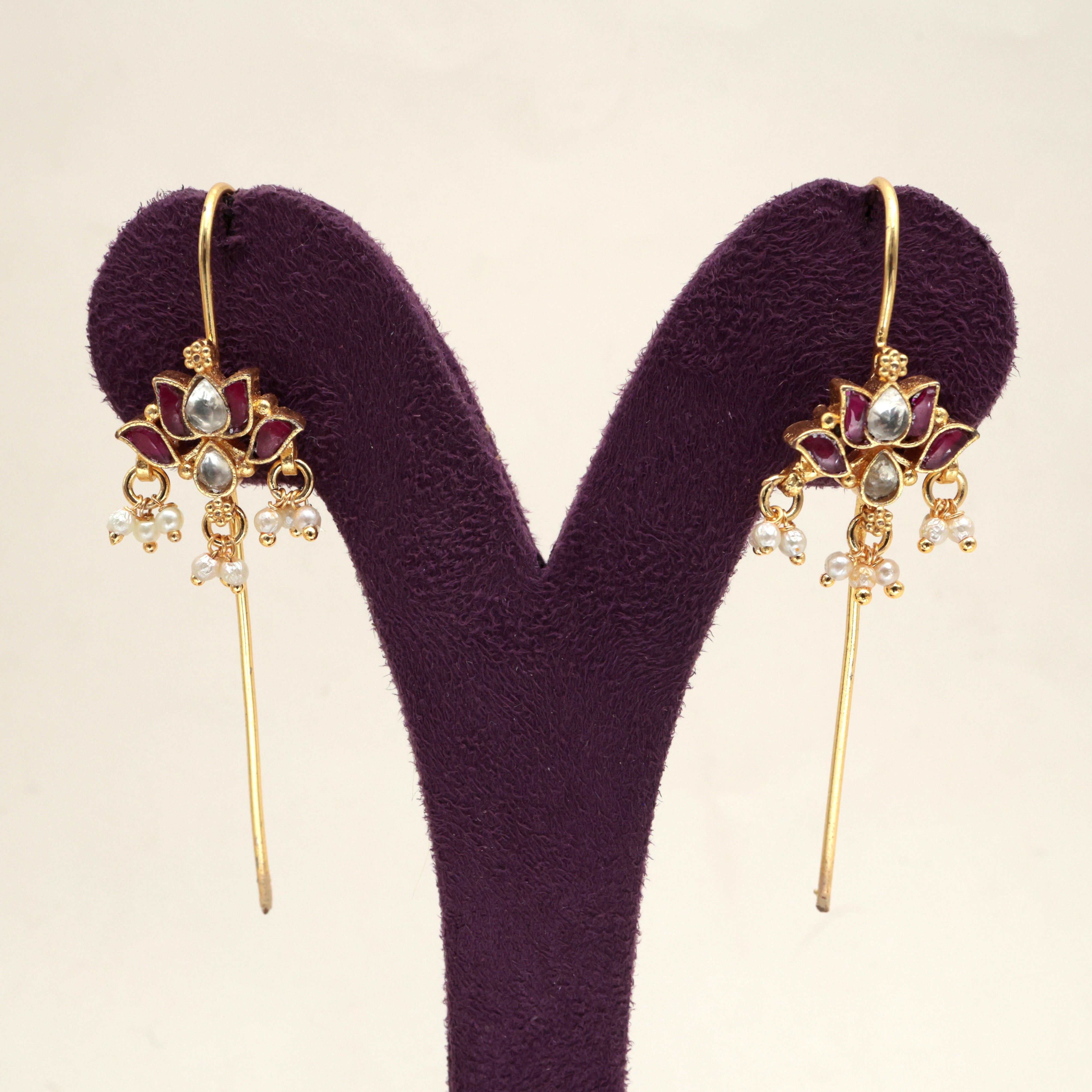 PREMIUM PACHI KUNDAN HANGING LOTUS NEEDLE EARCUFF EARRINGS - RUBY & WHITE