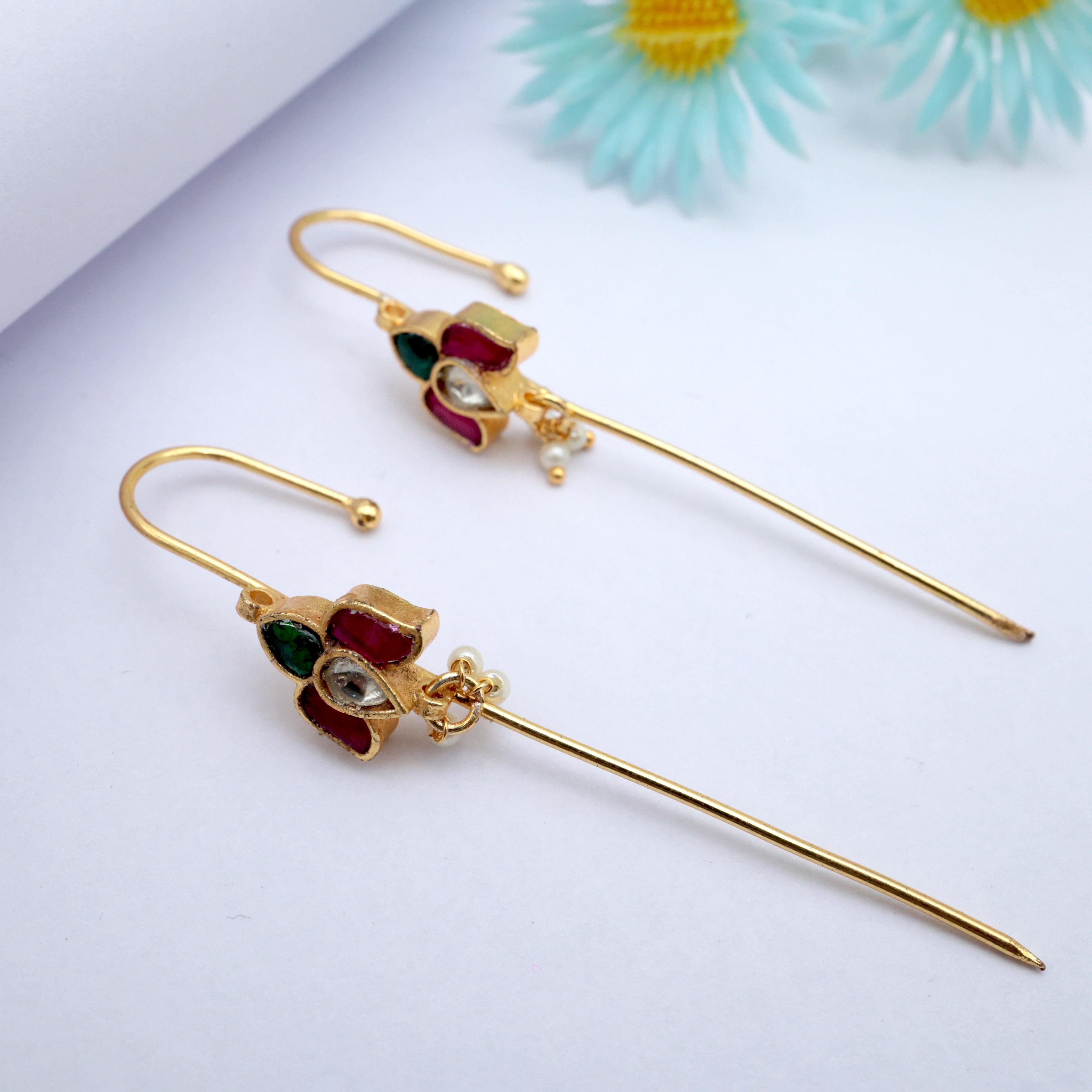 PREMIUM PACHI KUNDAN HANGING LOTUS NEEDLE EARCUFF EARRINGS - RUBY, GREEN & WHITE