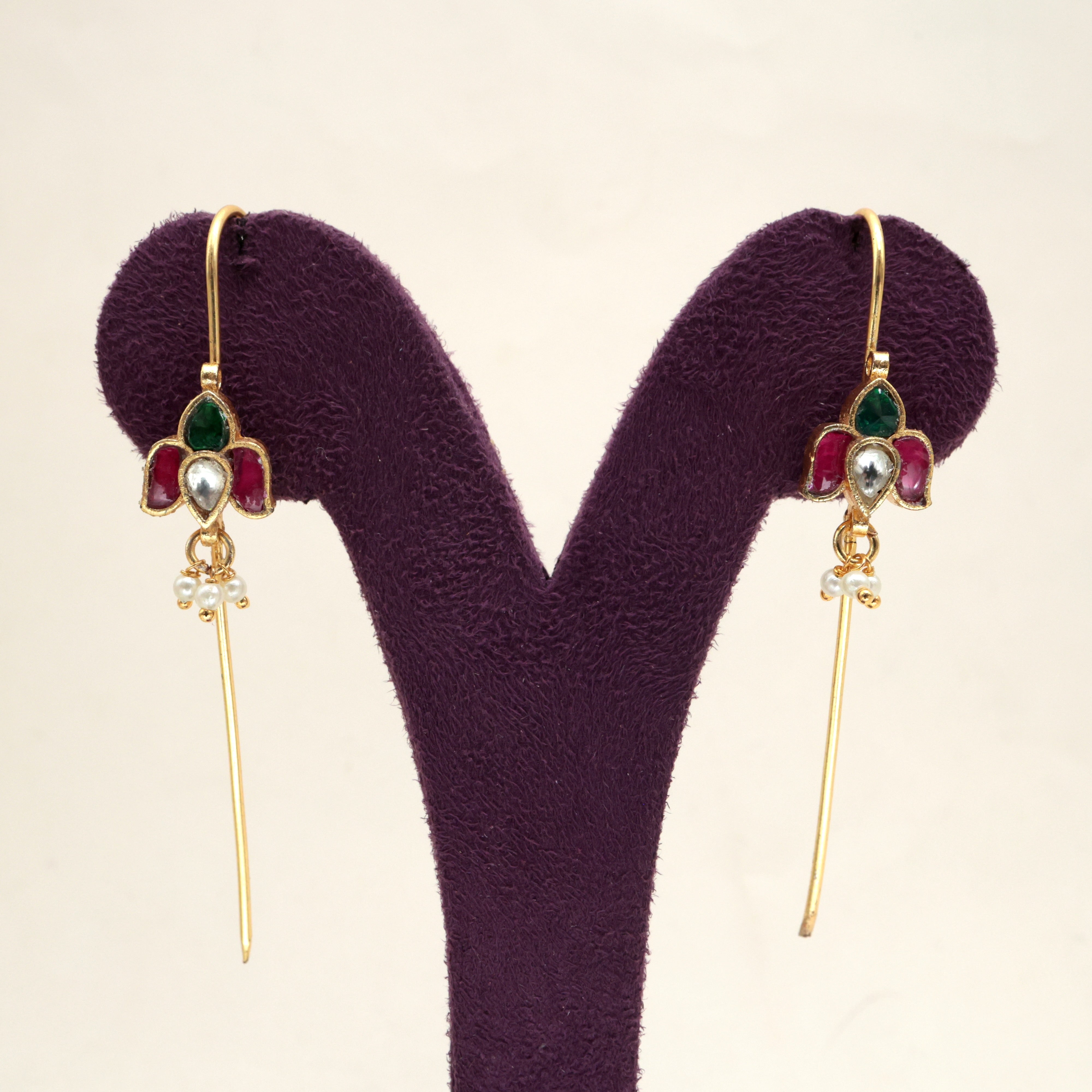 PREMIUM PACHI KUNDAN HANGING LOTUS NEEDLE EARCUFF EARRINGS - RUBY, GREEN & WHITE