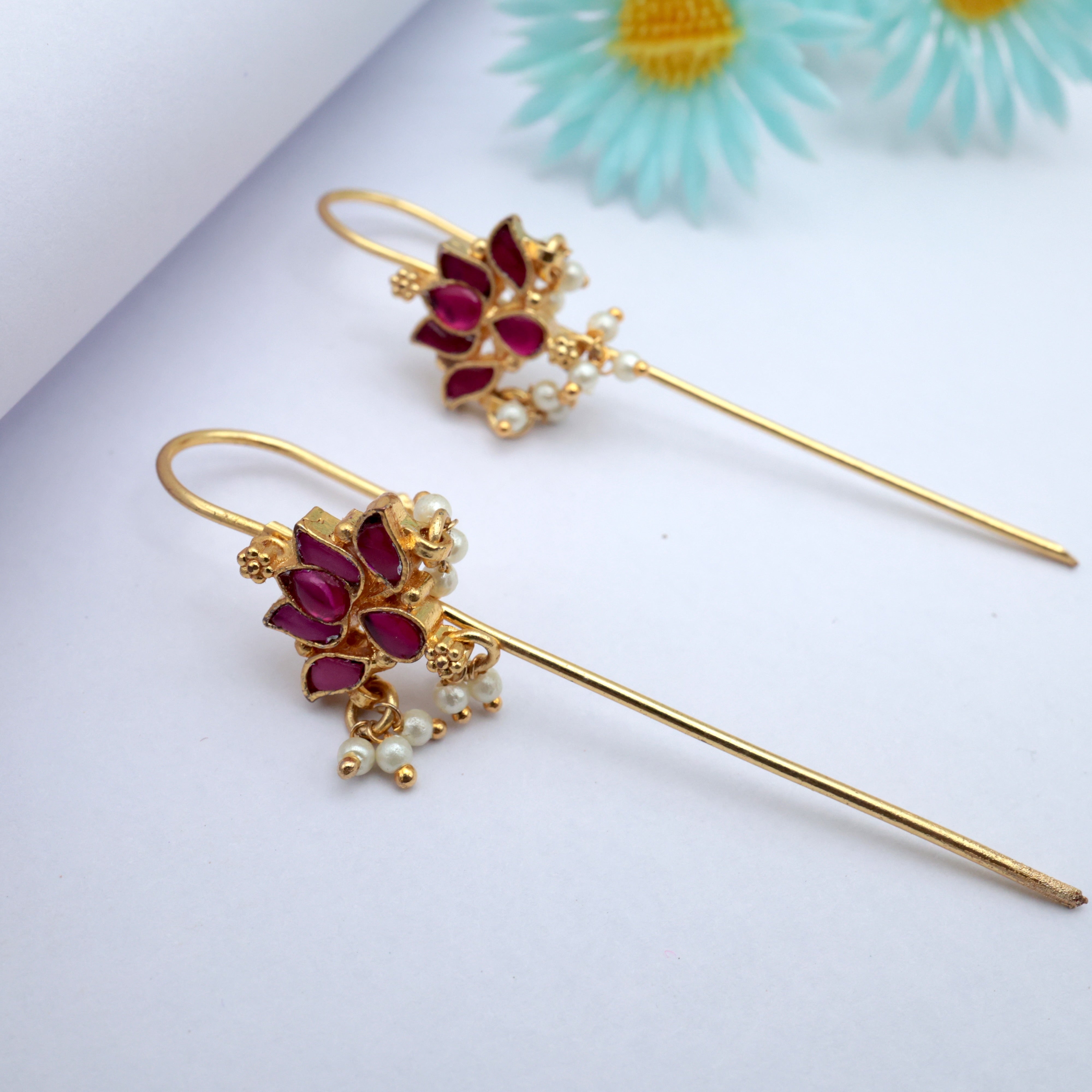 PREMIUM PACHI KUNDAN LOTUS NEEDLE EARCUFF EARRINGS - RUBY