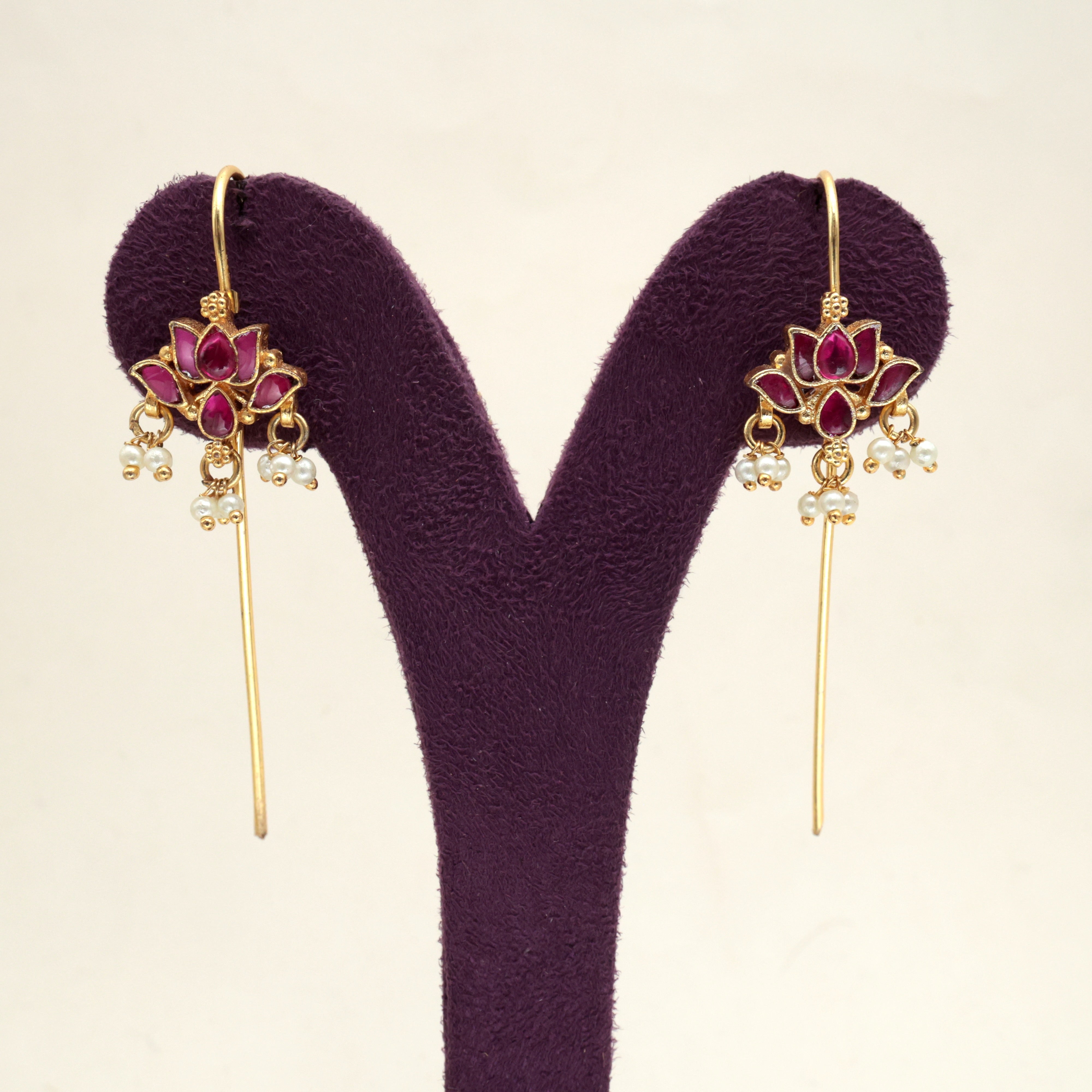PREMIUM PACHI KUNDAN LOTUS NEEDLE EARCUFF EARRINGS - RUBY