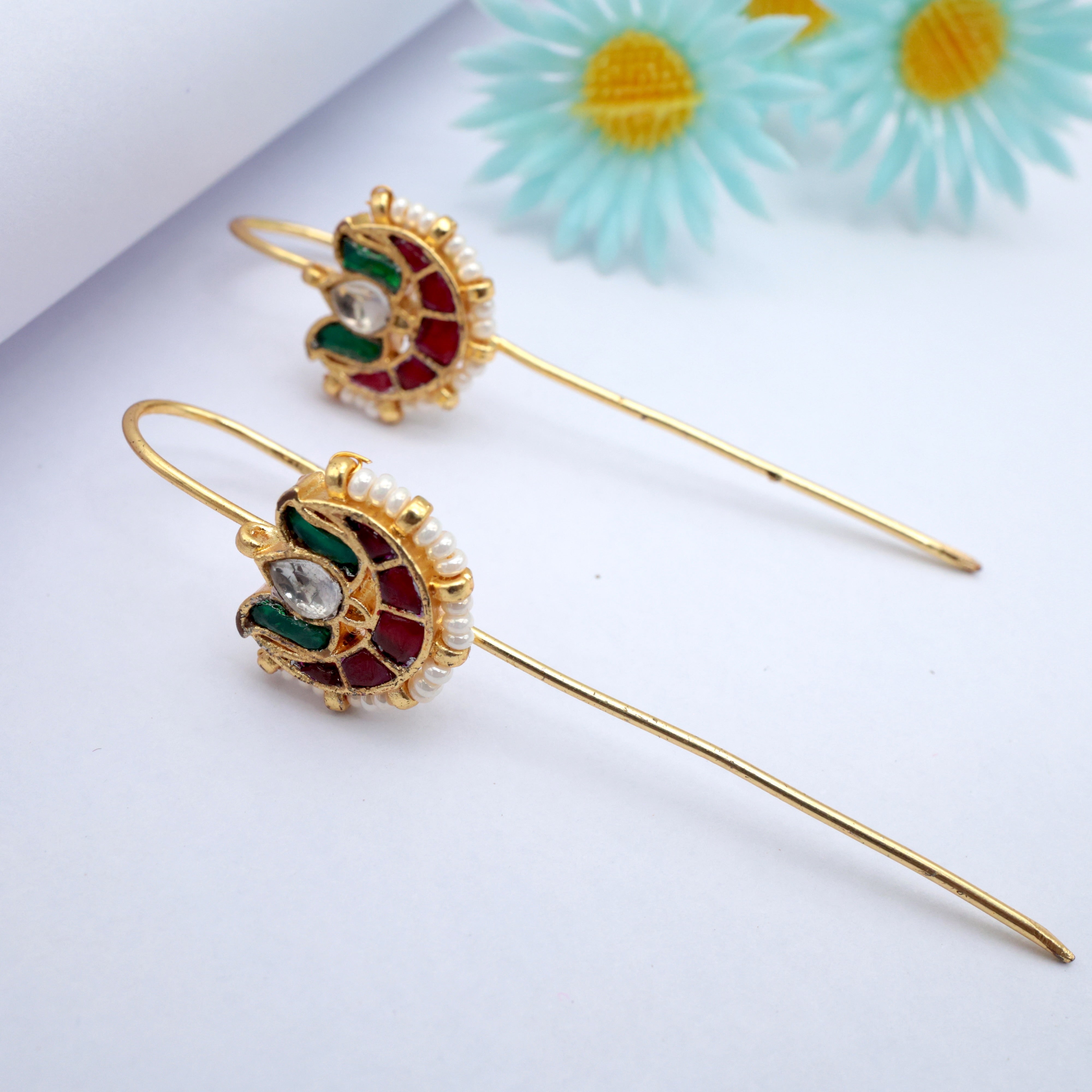 PREMIUM PACHI KUNDAN LOTUS CHAAND NEEDLE EARCUFF EARRINGS - RUBY, GREEN & WHITE