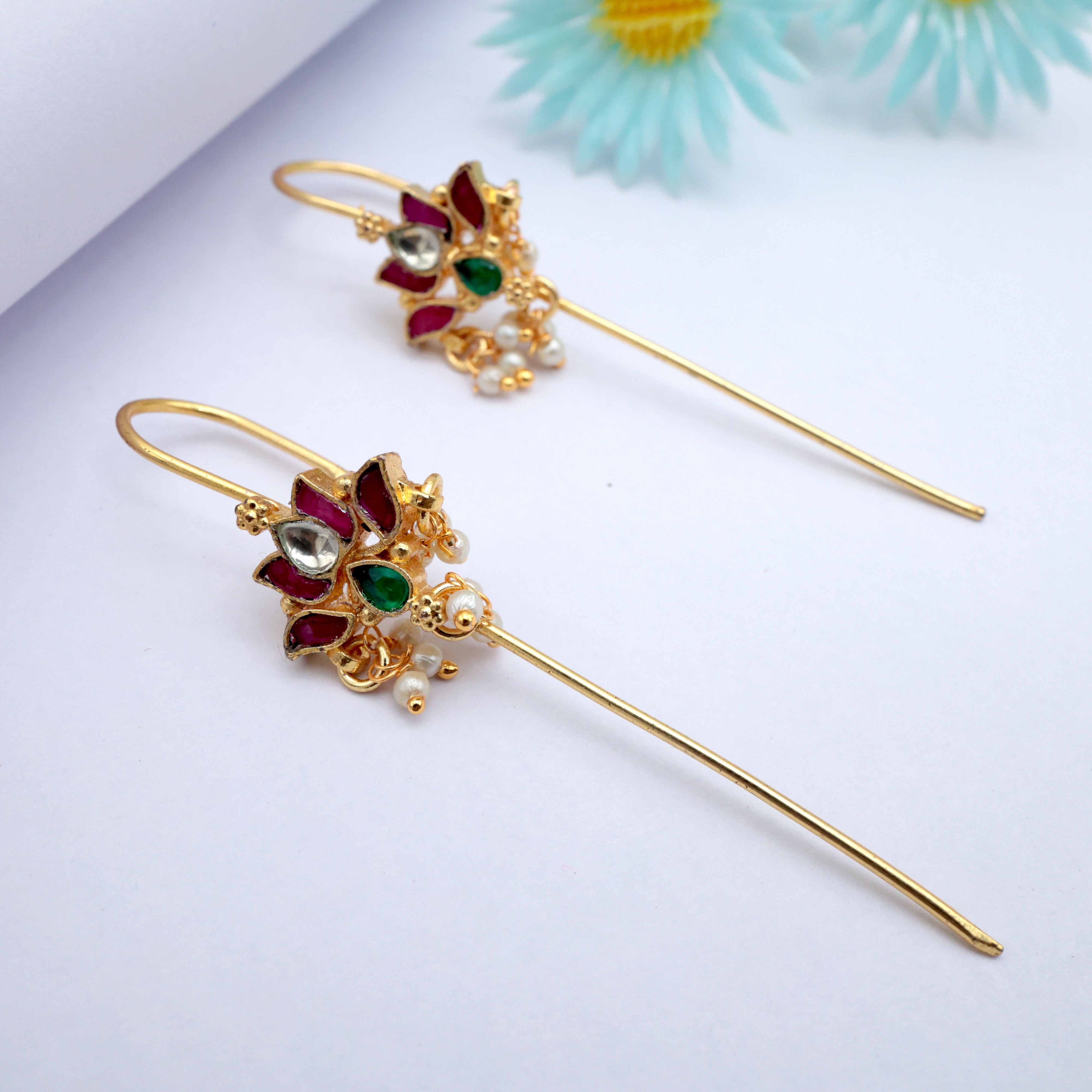 PREMIUM PACHI KUNDAN LOTUS NEEDLE EARCUFF EARRINGS - RUBY, GREEN & WHITE
