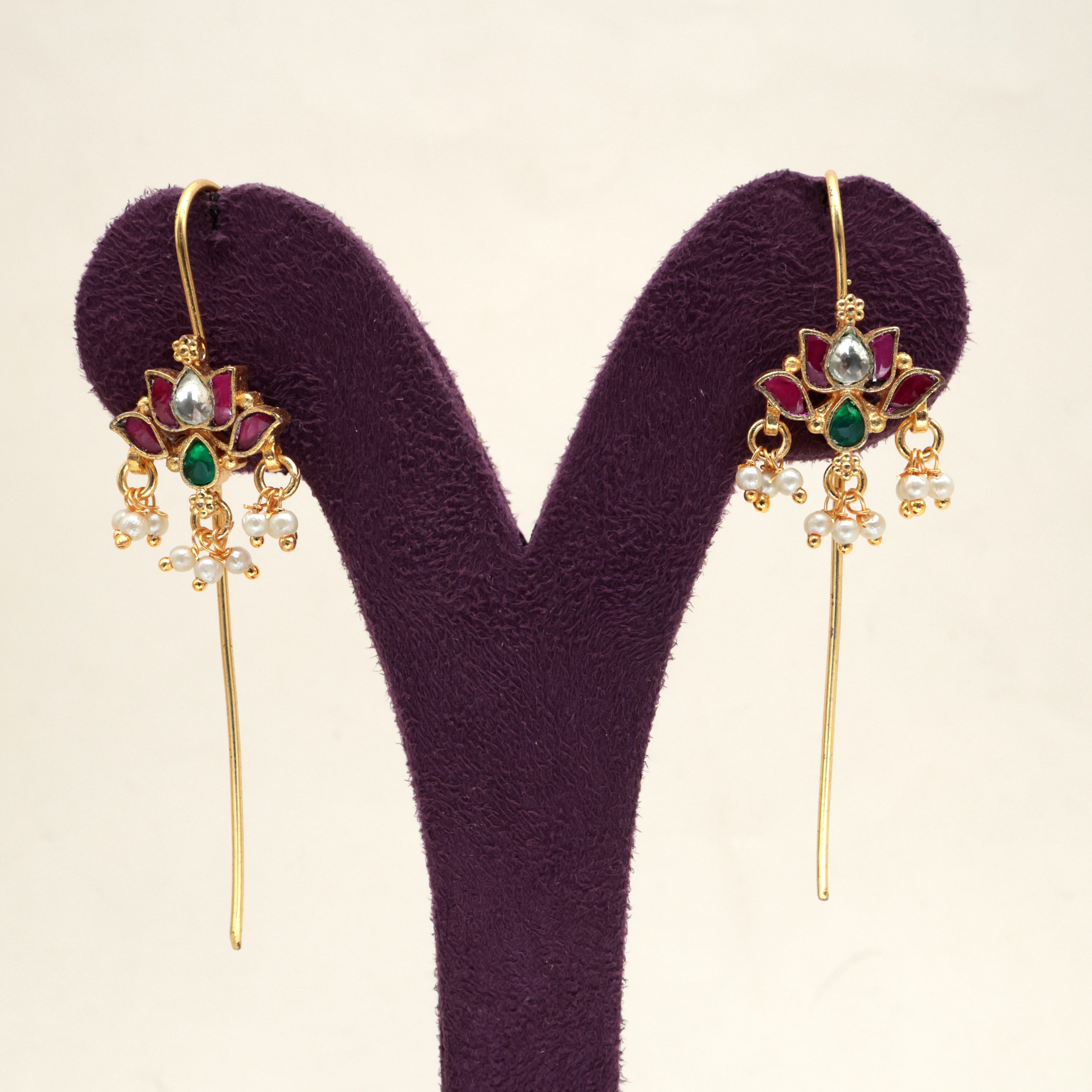 PREMIUM PACHI KUNDAN LOTUS NEEDLE EARCUFF EARRINGS - RUBY, GREEN & WHITE