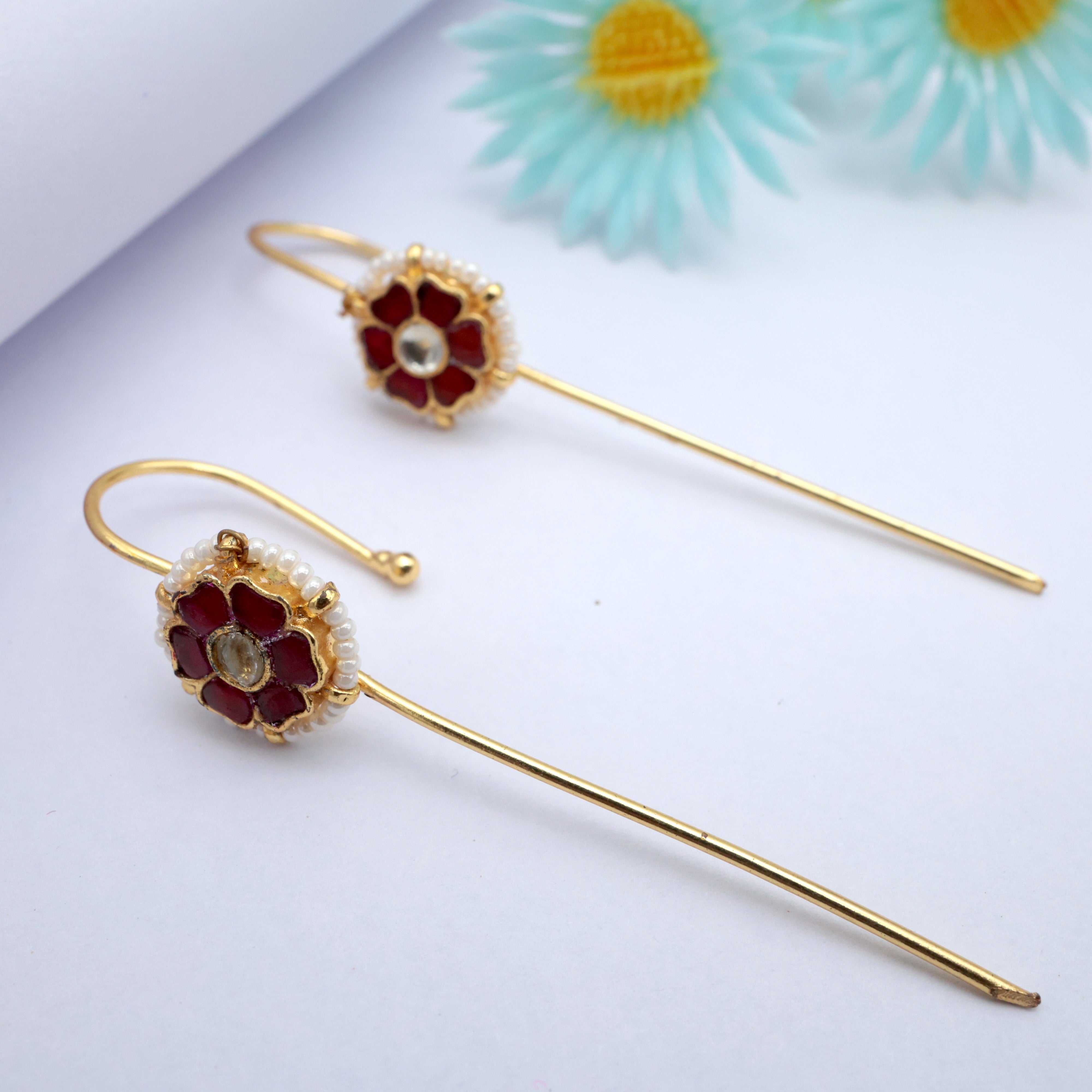 PREMIUM PACHI KUNDAN 6 PETAL FLOWER NEEDLE EARCUFF EARRINGS - RUBY