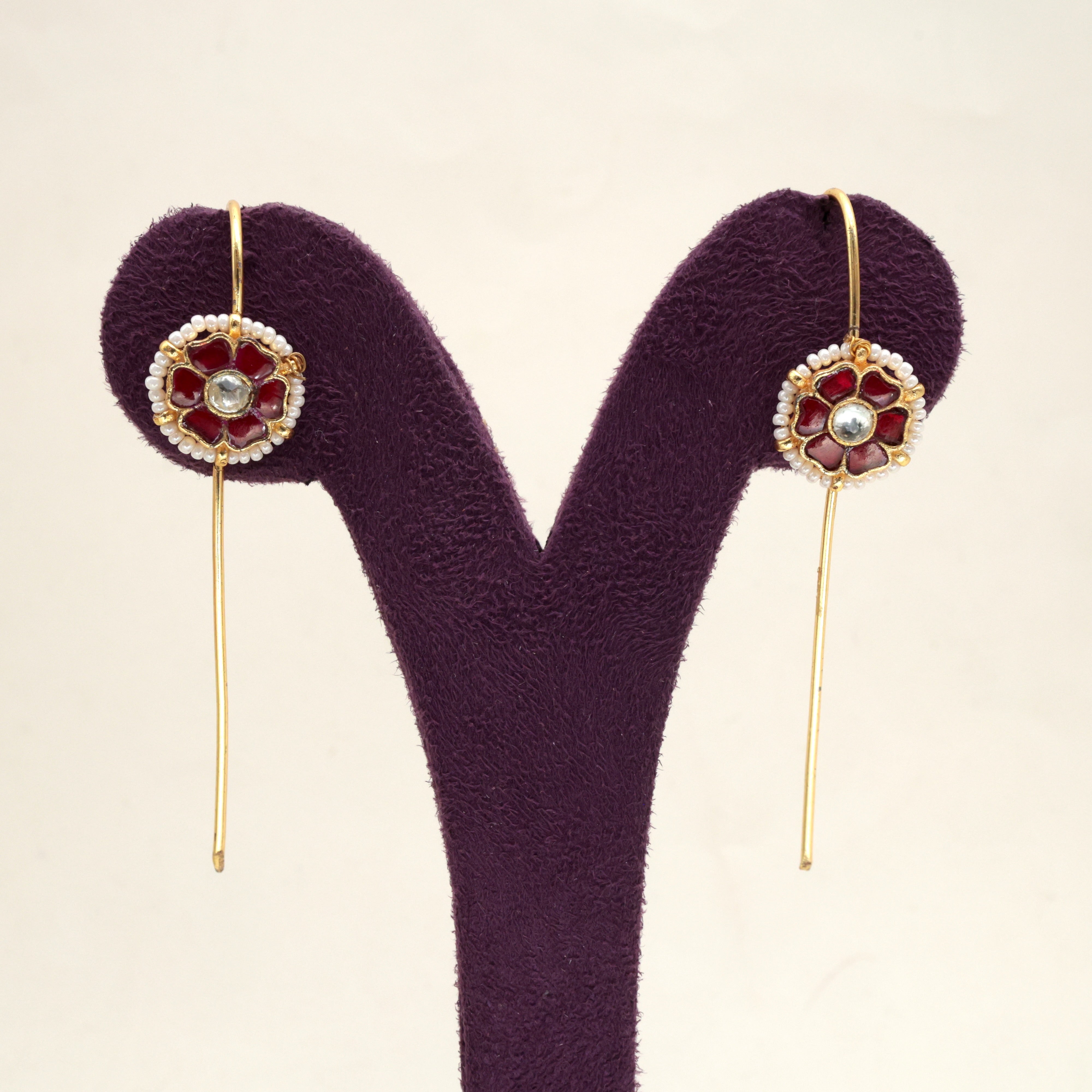 PREMIUM PACHI KUNDAN 6 PETAL FLOWER NEEDLE EARCUFF EARRINGS - RUBY