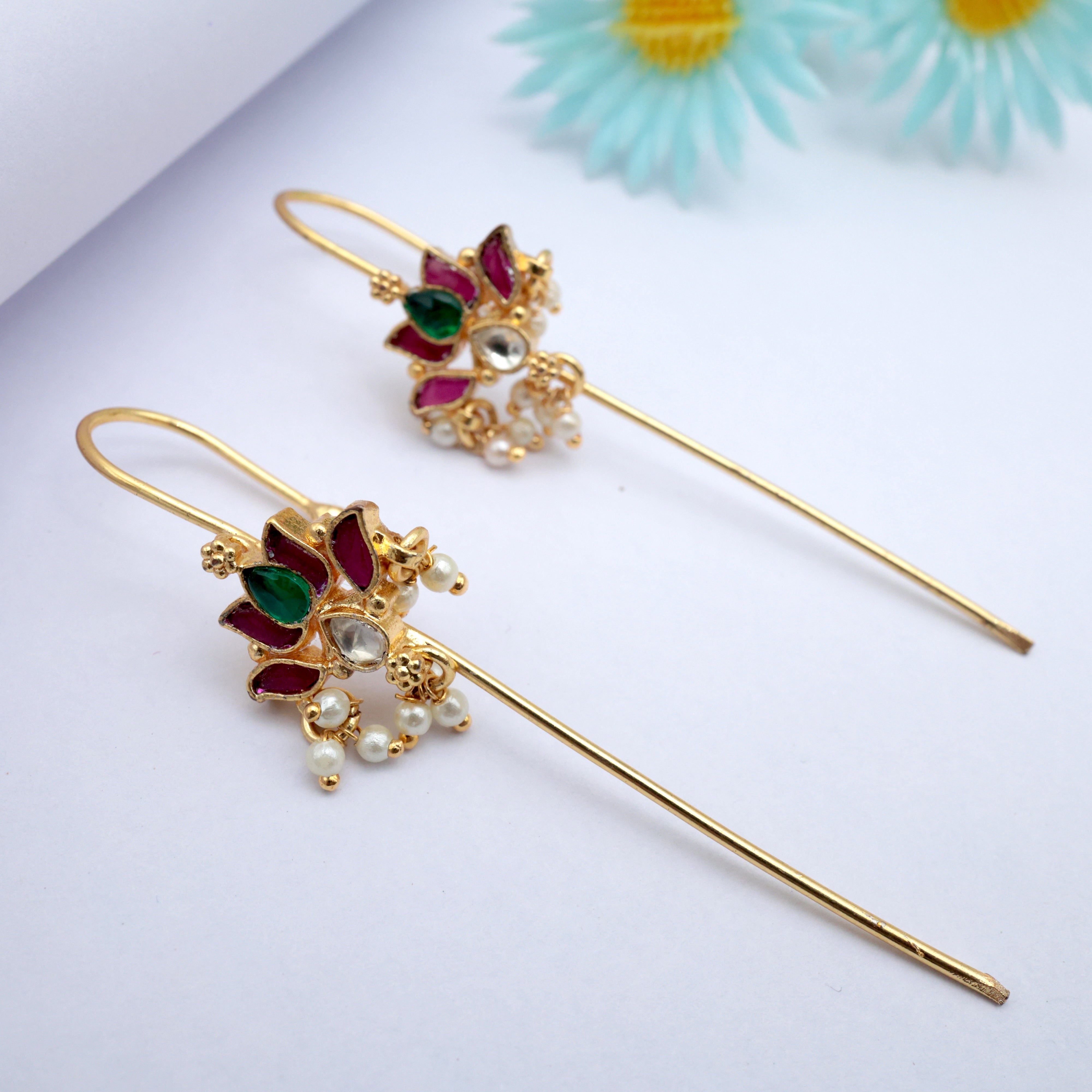 PREMIUM PACHI KUNDAN LOTUS NEEDLE EARCUFF EARRINGS - RUBY & GREEN